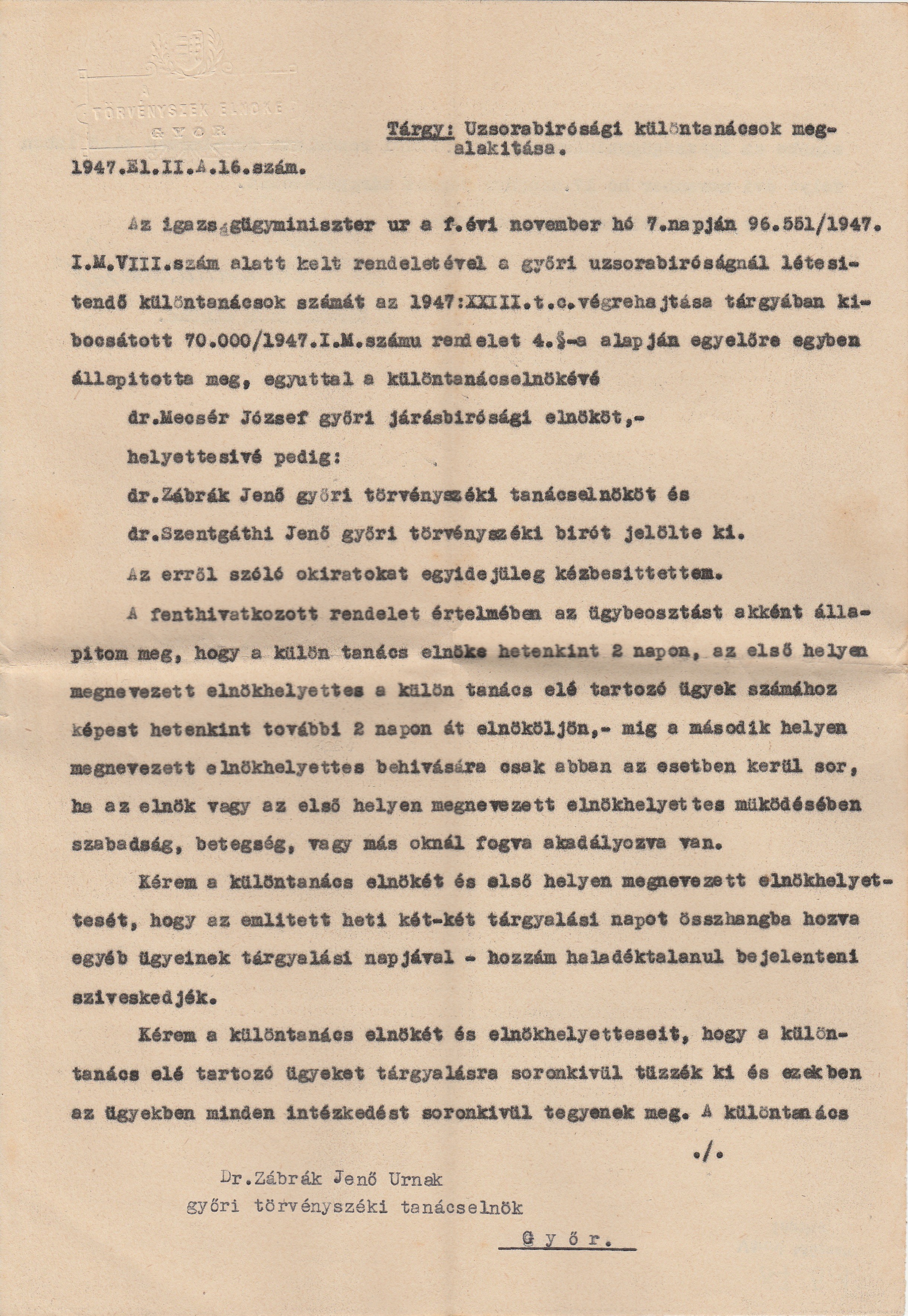 Értesítés uzsorabírósági különtanács megalakításáról Győrben 1947 (Tapolcai Városi Múzeum CC BY-NC-SA)