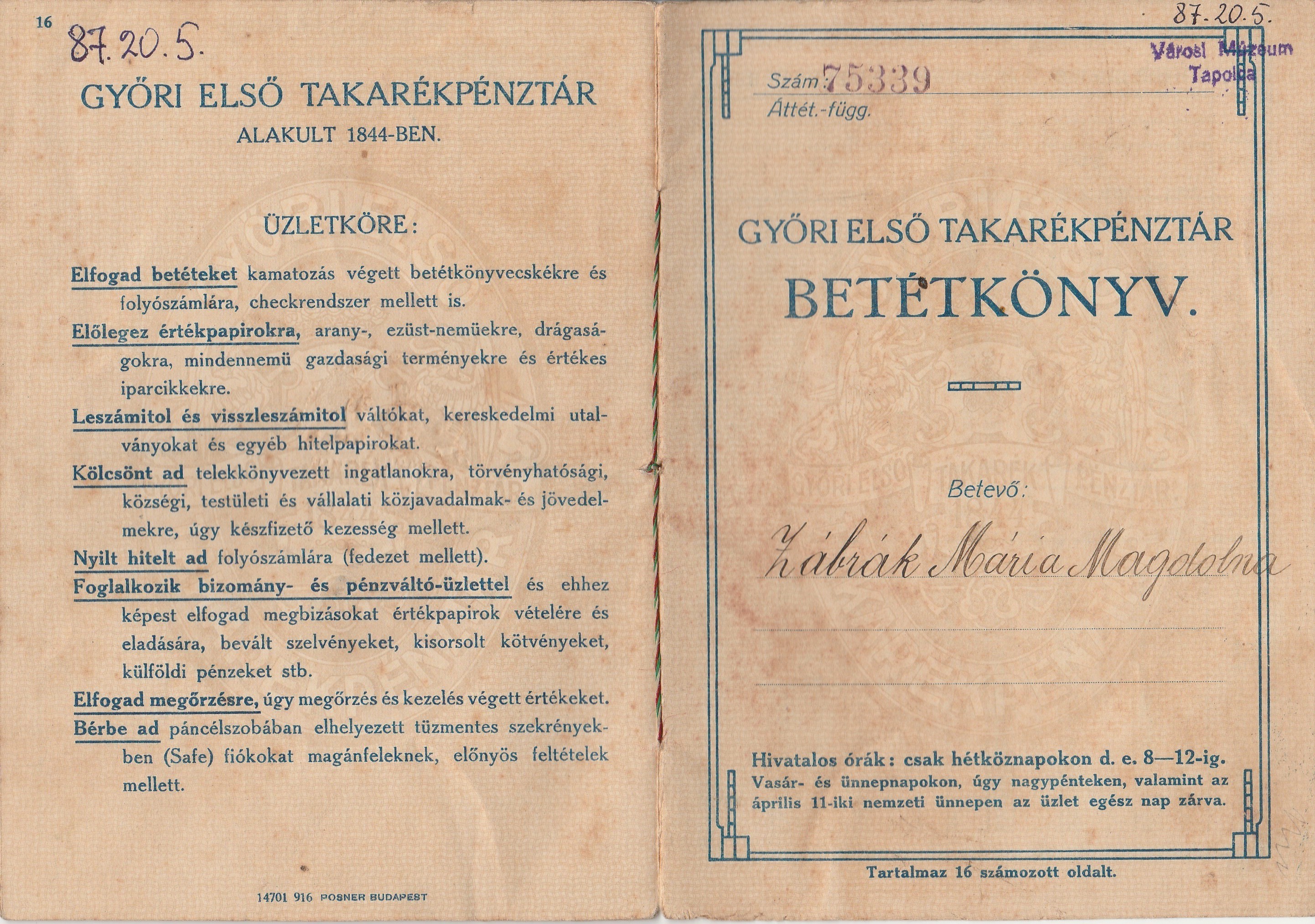 A Győri Első Takarékpénztár betétkönyve (Tapolcai Városi Múzeum CC BY-NC-SA)