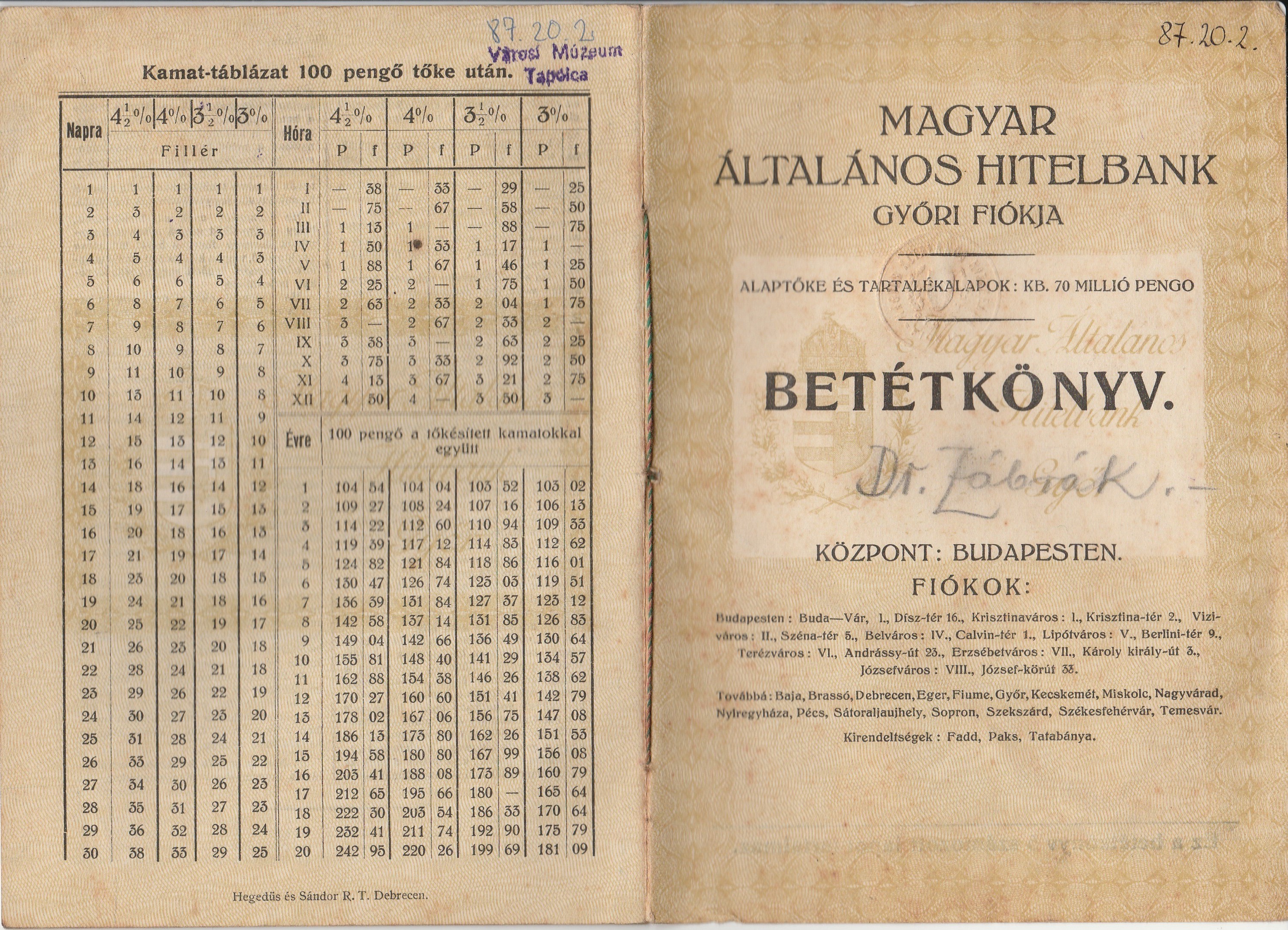 A Magyar Általános Hitelbank győri fiókjának betétkönyve (Tapolcai Városi Múzeum CC BY-NC-SA)