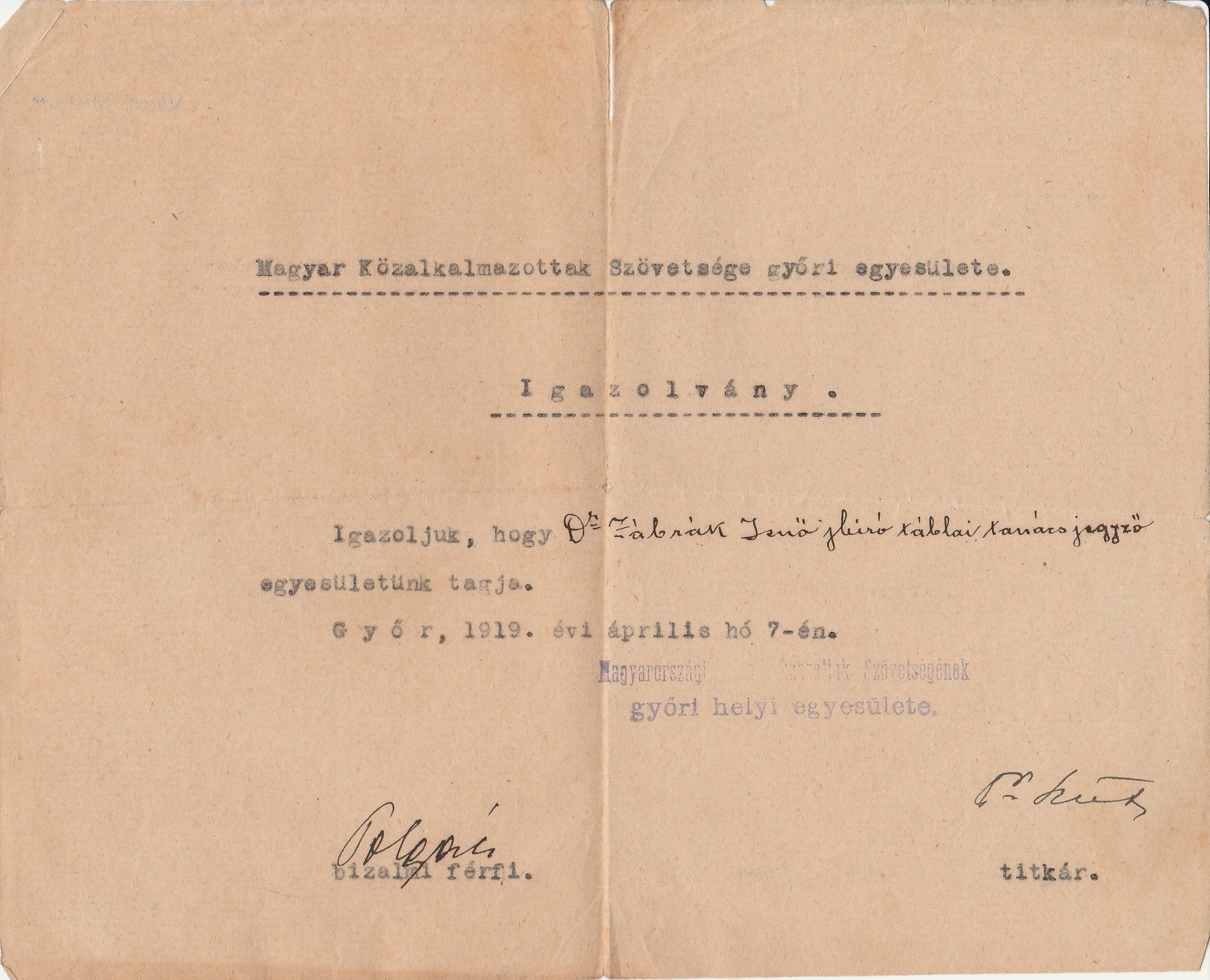 A Magyar Közalkalmazottak Szövetsége által kibocsátott tagsági igazolvány 1919-ből (Tapolcai Városi Múzeum CC BY-NC-SA)