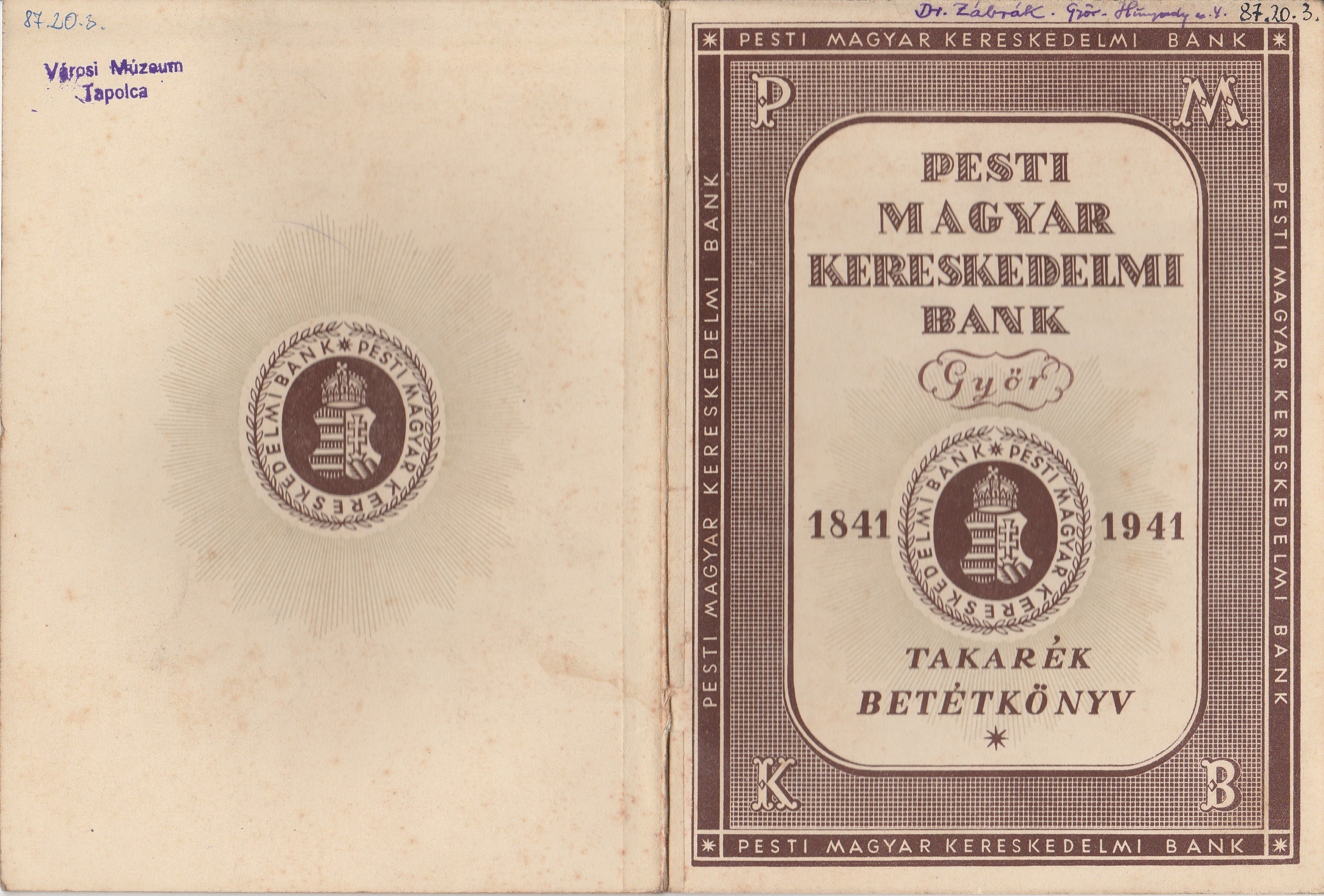 A Pesti Magyar Kereskedelmi Bank takarékbetétkönyve (Tapolcai Városi Múzeum CC BY-NC-SA)