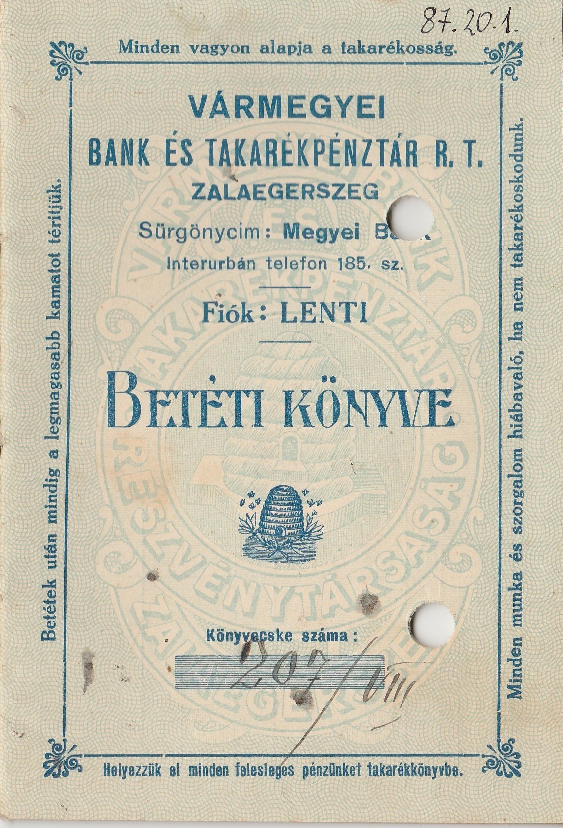 A zalaegerszegi Vármegyei Bank és Takarékpénztár R. T. betéti könyve (Tapolcai Városi Múzeum CC BY-NC-SA)