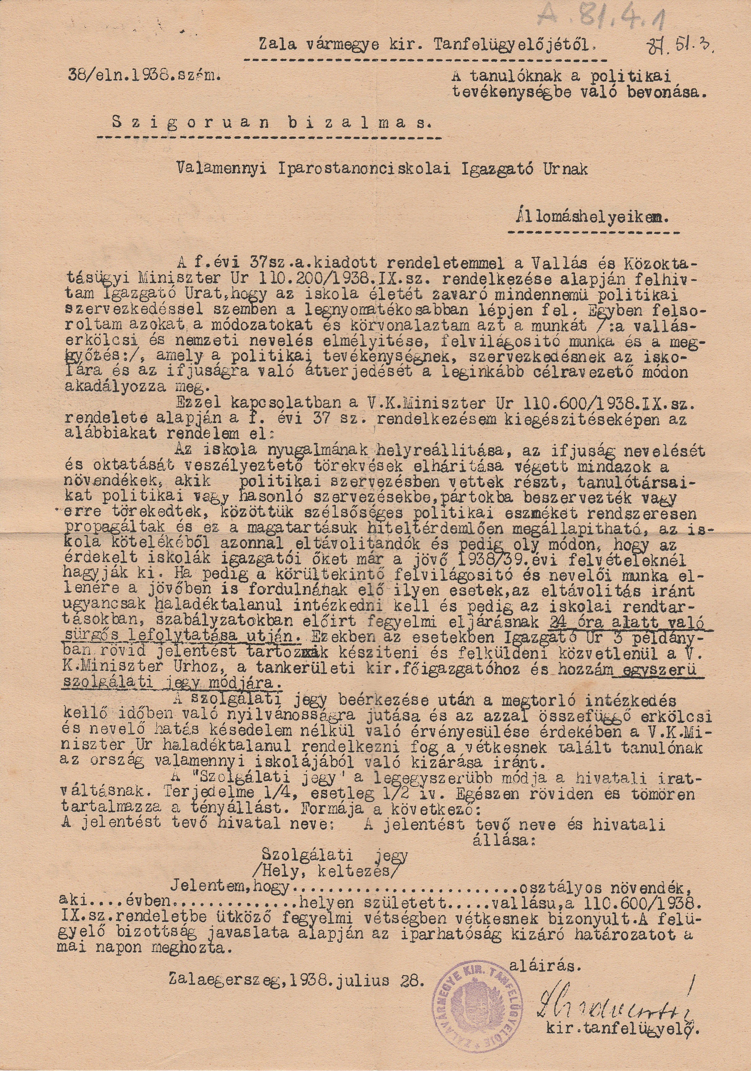A zalai tanfelügyelő levele az iskolai politikai tevékenység elleni intézkedésekről (Tapolcai Városi Múzeum CC BY-NC-SA)