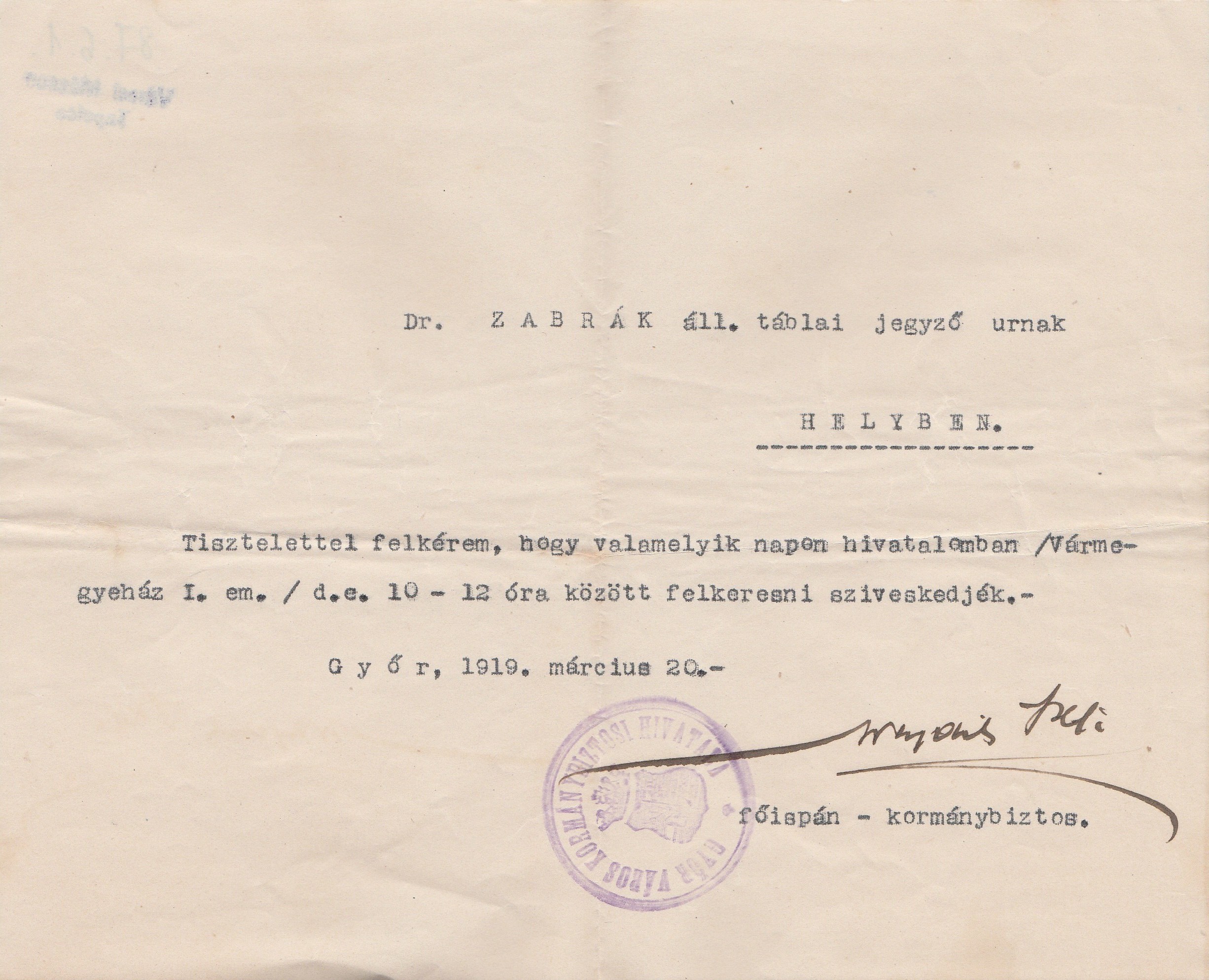Főispáni-kormánybiztosi értesítő 1919 (Tapolcai Városi Múzeum CC BY-NC-SA)