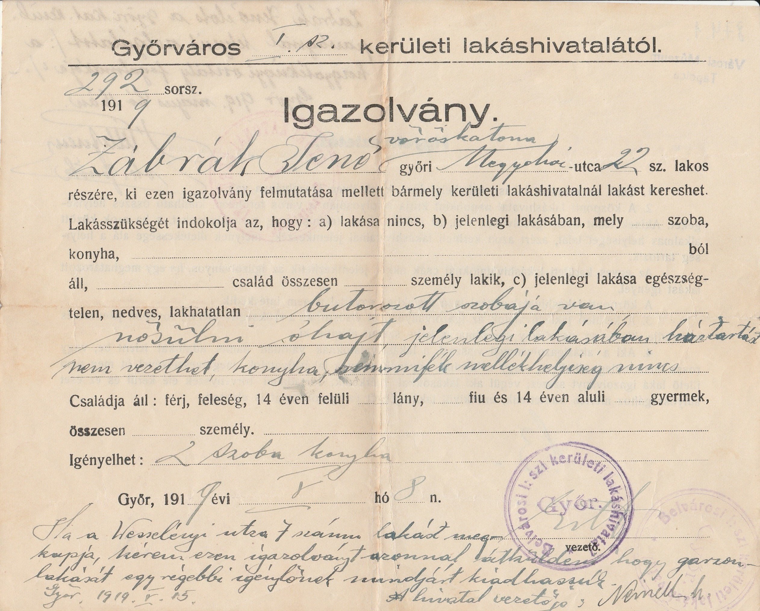 Győr I. ker. lakáshivatalának lakáskeresési engedélye 1919 (Tapolcai Városi Múzeum CC BY-NC-SA)