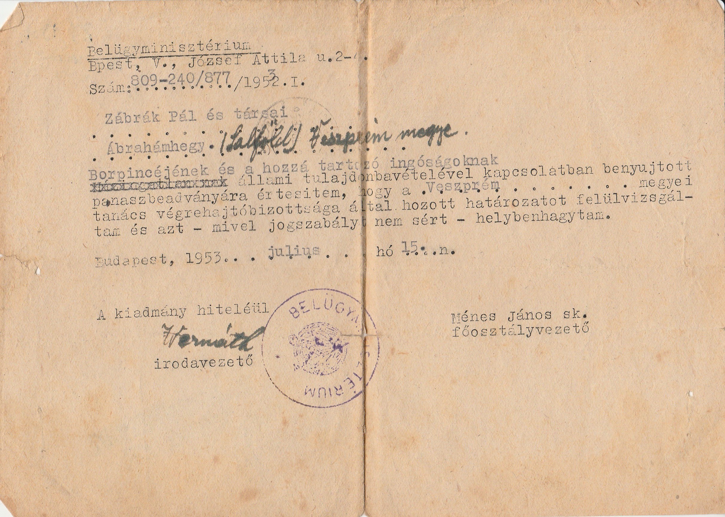 Határozat Zábrák Pál ábrahámhegyi borpincéjének állami tulajdonba vételéről (Tapolcai Városi Múzeum CC BY-NC-SA)
