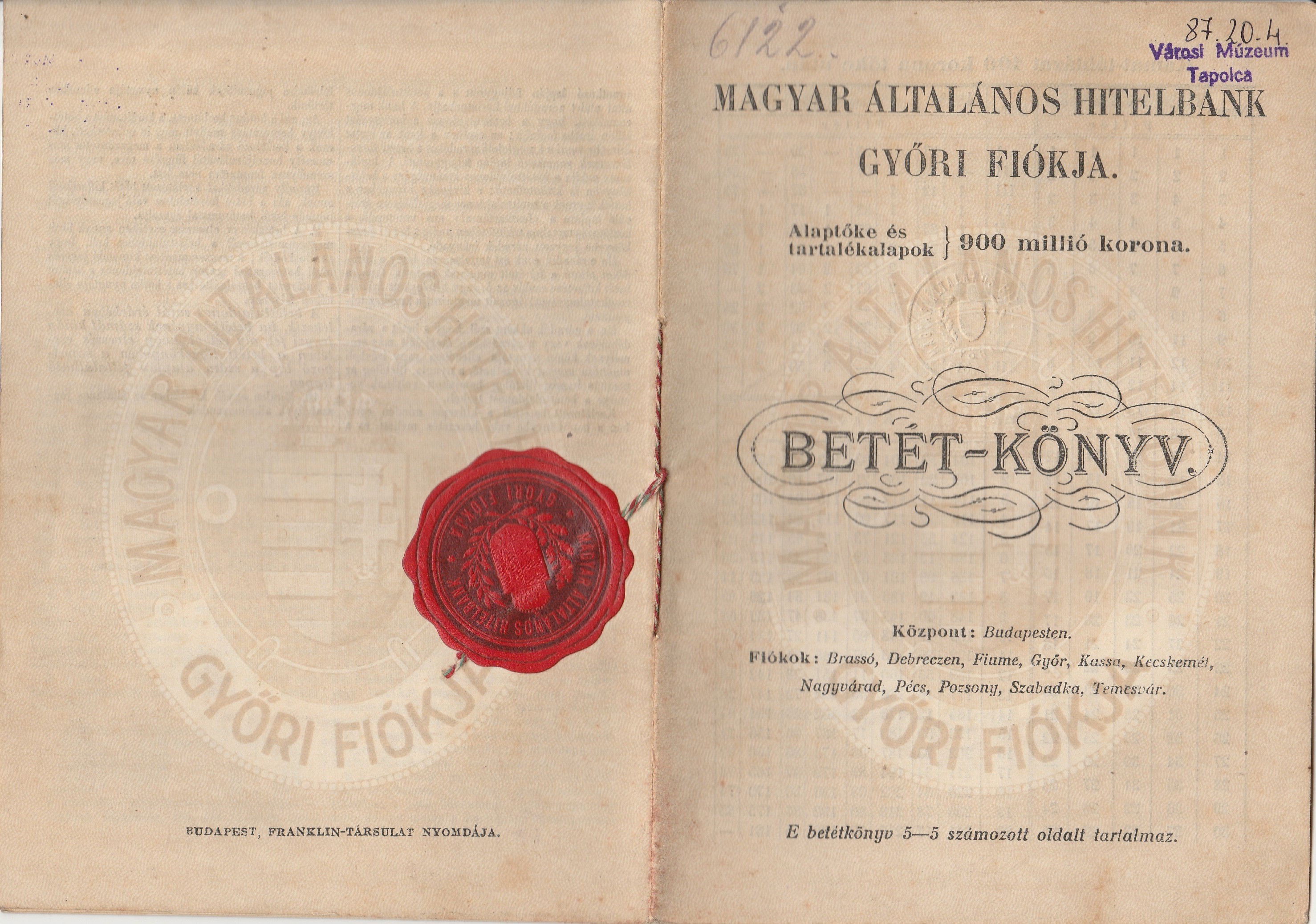 Magyar Általános Hitelbank győri fiókjának betétkönyve (Tapolcai Városi Múzeum CC BY-NC-SA)