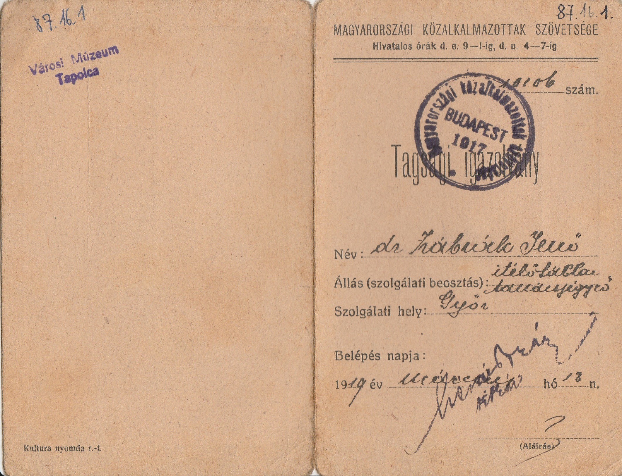 Magyarországi Közalkalmazottak Szövetségének tagsági igazolványa 1919 (Tapolcai Városi Múzeum CC BY-NC-SA)