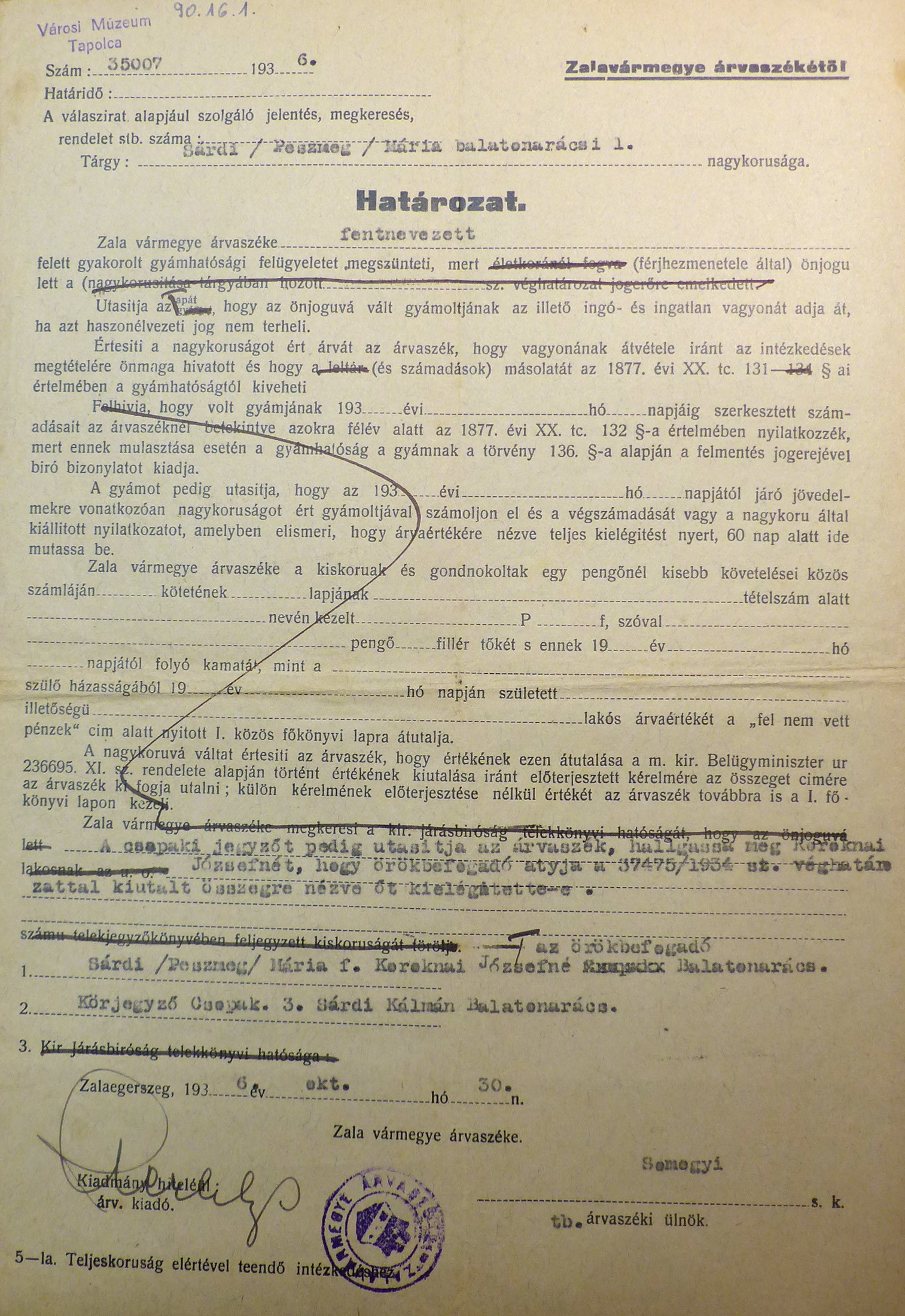 Árvaszéki határozat 1936 (Tapolcai Városi Múzeum CC BY-NC-SA)