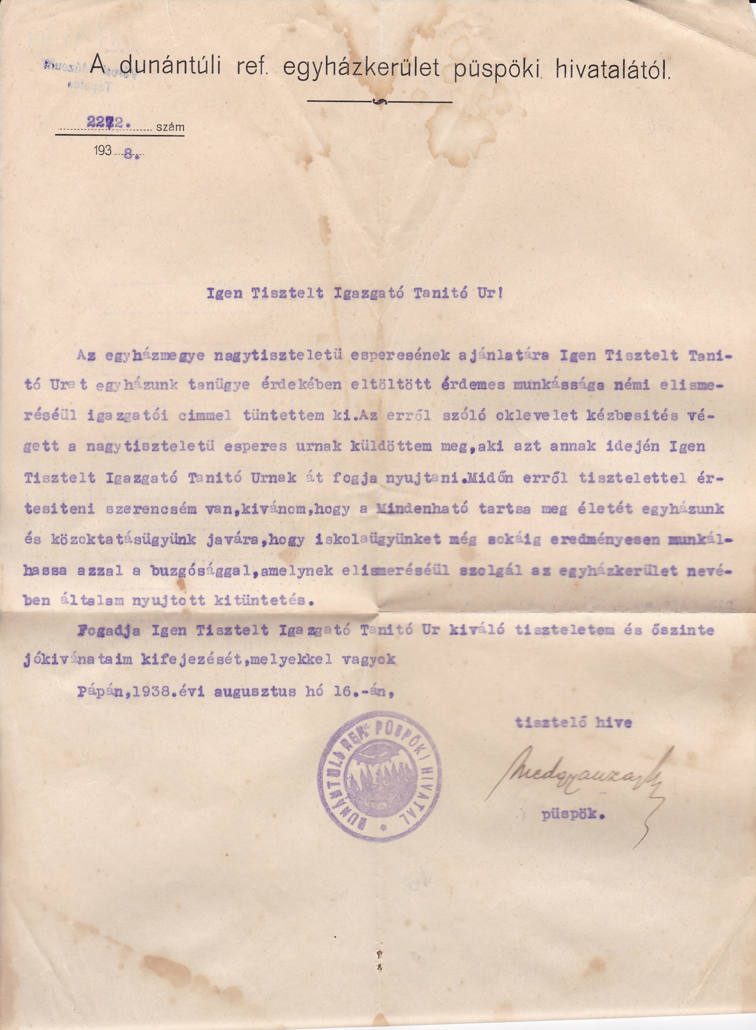 Értesítés igazgatói cím adományozásáról (Tapolcai Városi Múzeum CC BY-NC-SA)