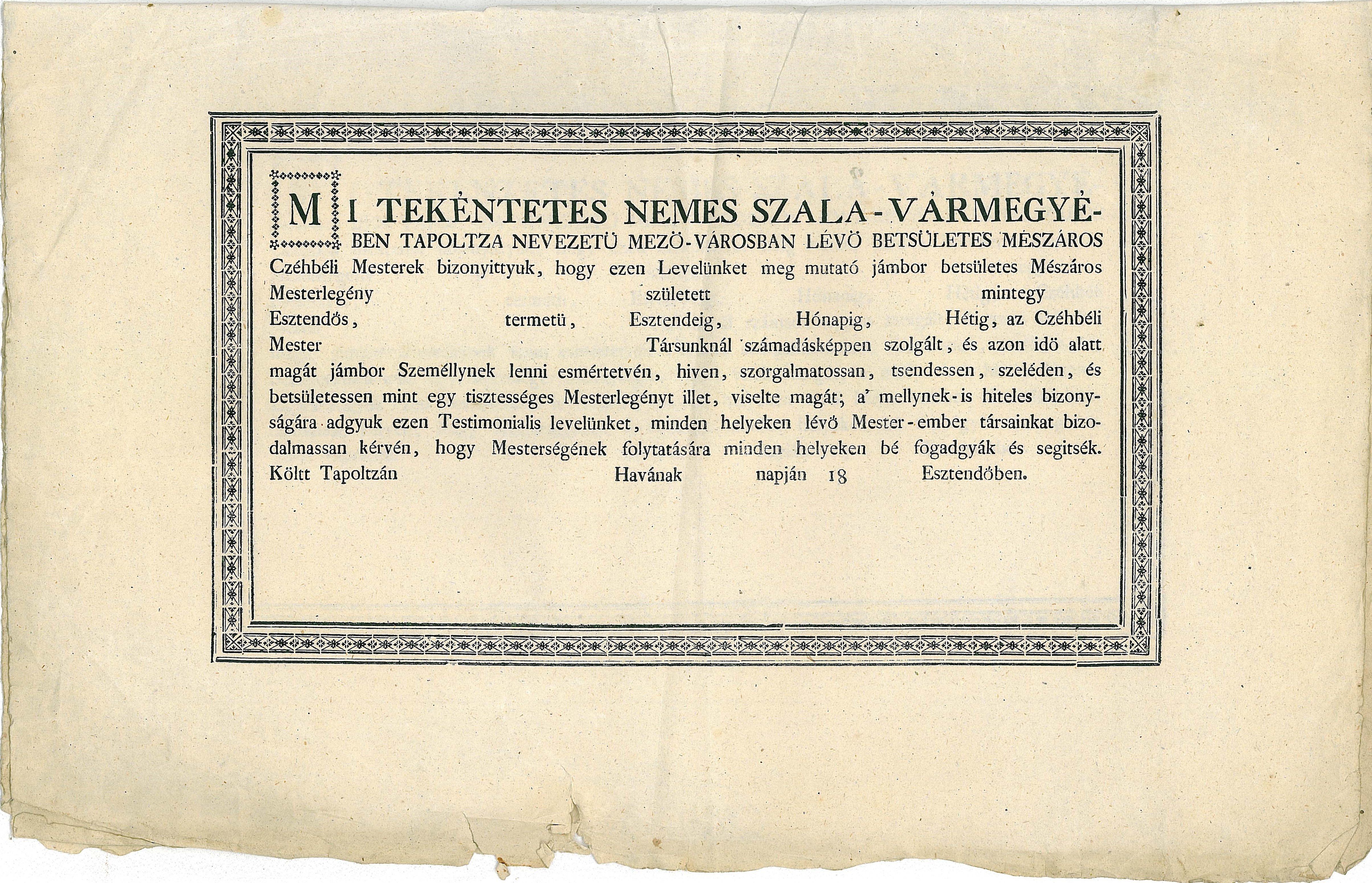 A Tapolcai Mészáros Céh igazoló levele (Tapolcai Városi Múzeum CC BY-NC-SA)