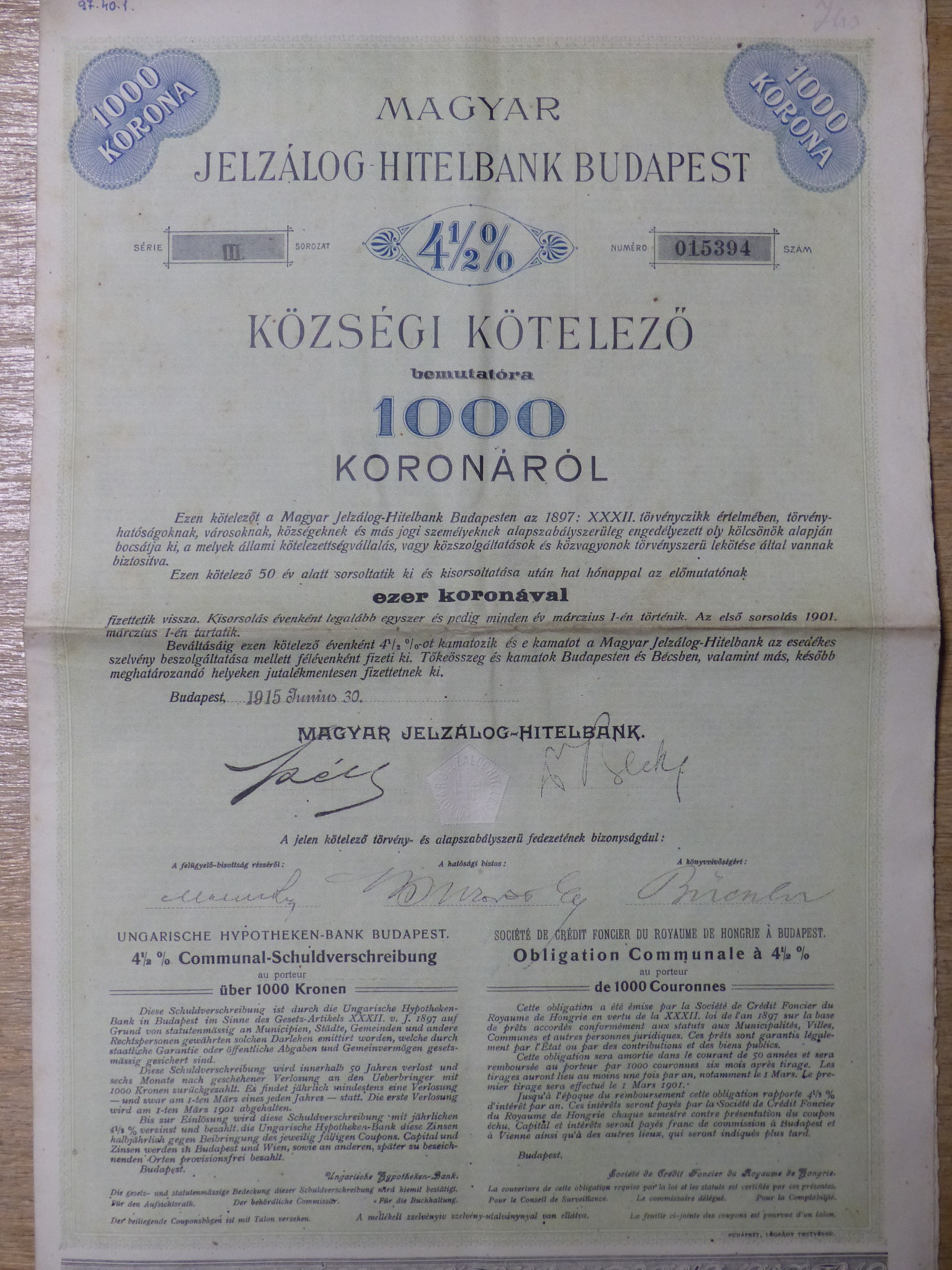 Banki bemutatóra szóló kötelező 1915 (Tapolcai Városi Múzeum CC BY-NC-SA)