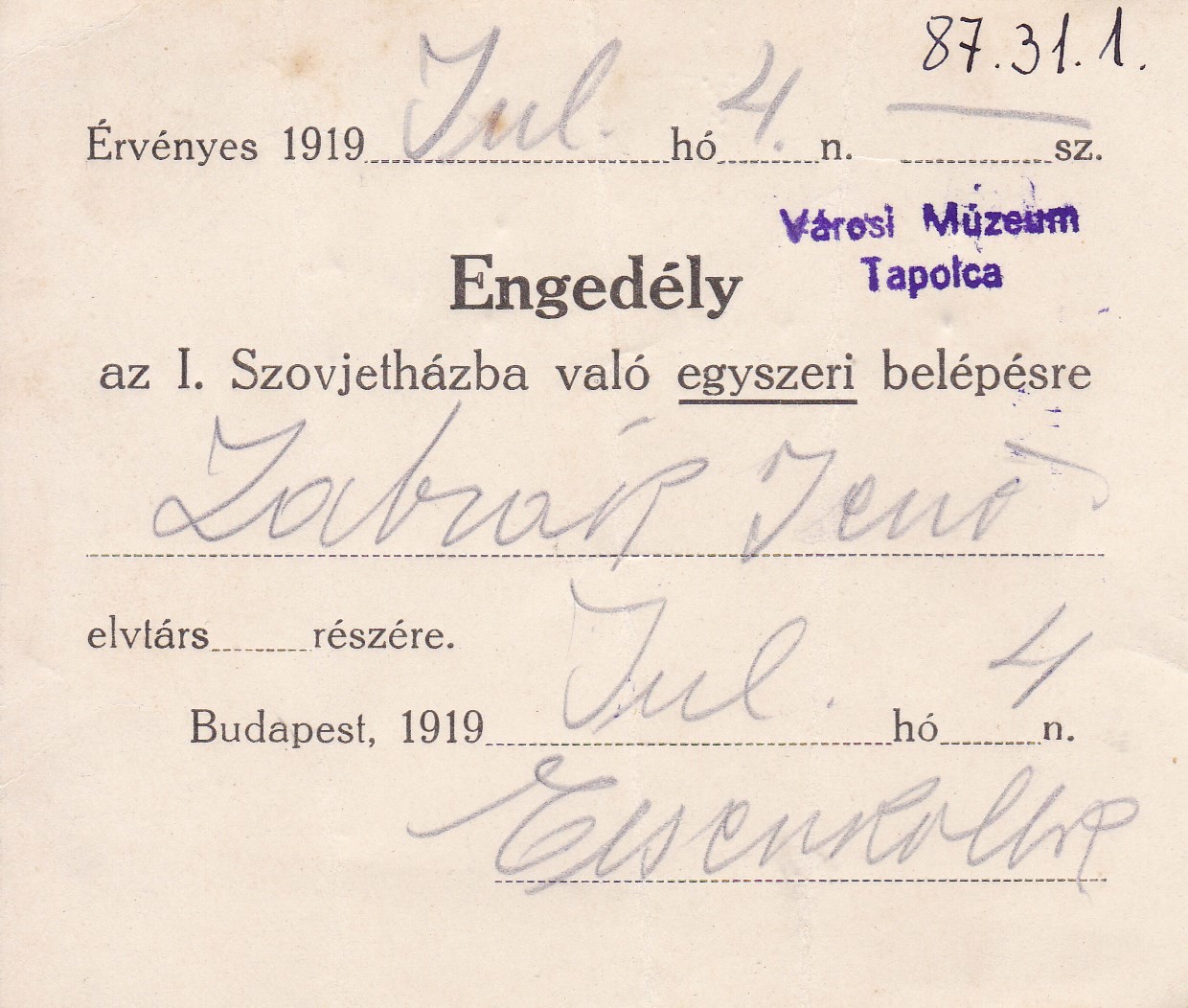Belépési engedély az I. Szovjetházba (Tapolcai Városi Múzeum CC BY-NC-SA)