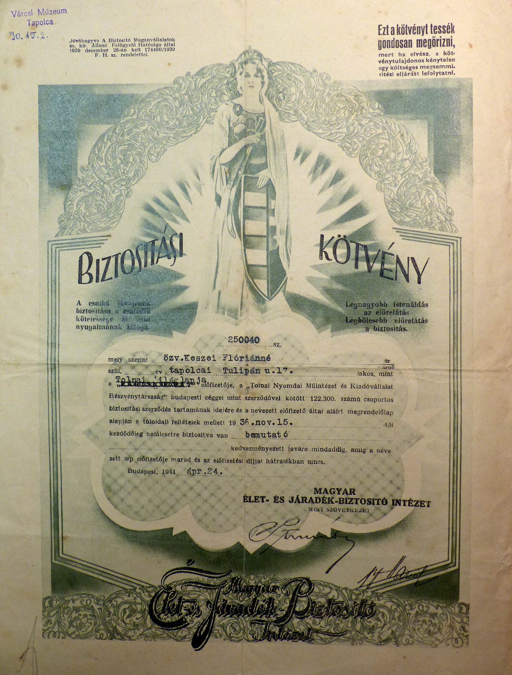 Biztosítási kötvény 1941 (Tapolcai Városi Múzeum CC BY-NC-SA)