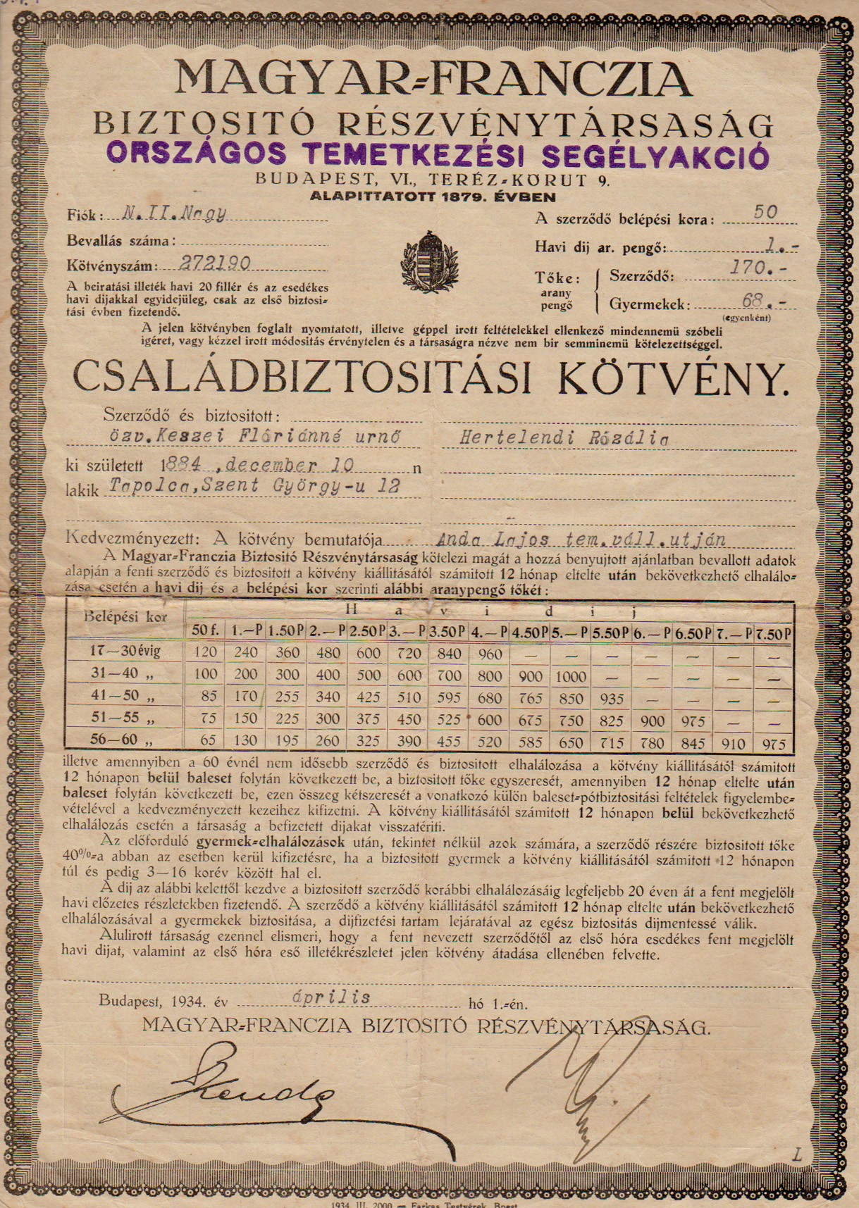 Családbiztosítási kötvény 1934 (Tapolcai Városi Múzeum CC BY-NC-SA)
