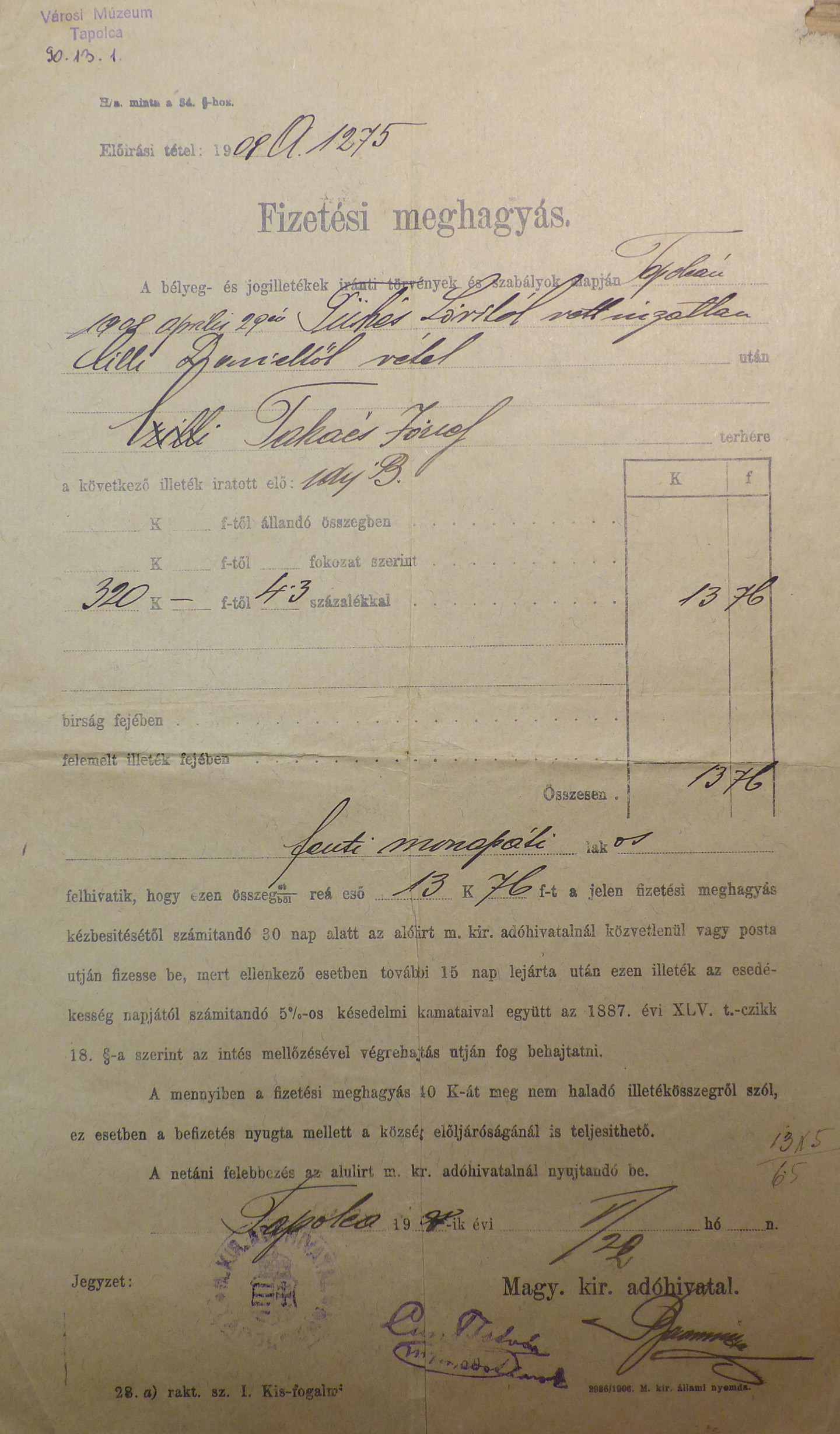 Fizetési meghagyás 1908 (Tapolcai Városi Múzeum CC BY-NC-SA)