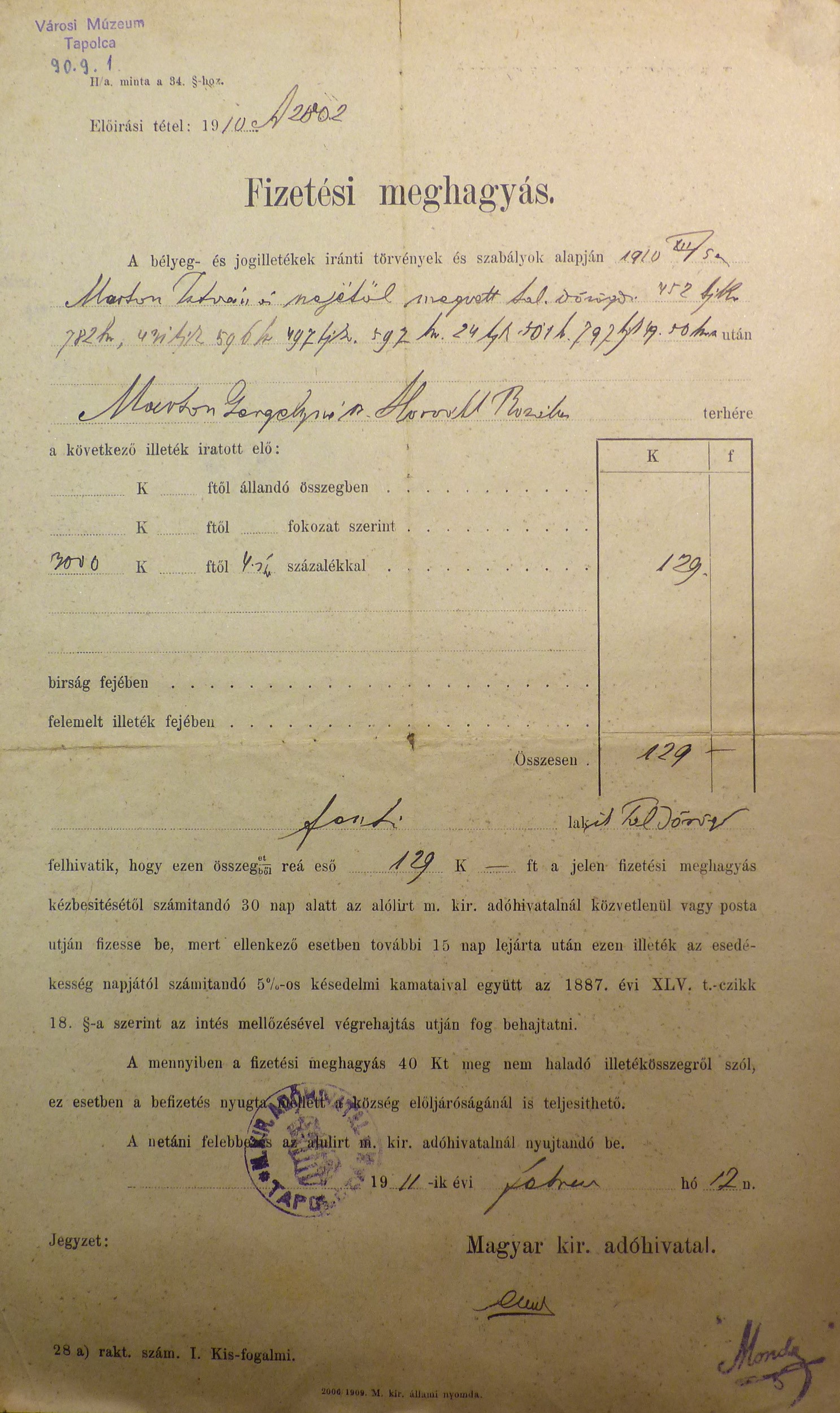Fizetési meghagyás 1911 (Tapolcai Városi Múzeum CC BY-NC-SA)