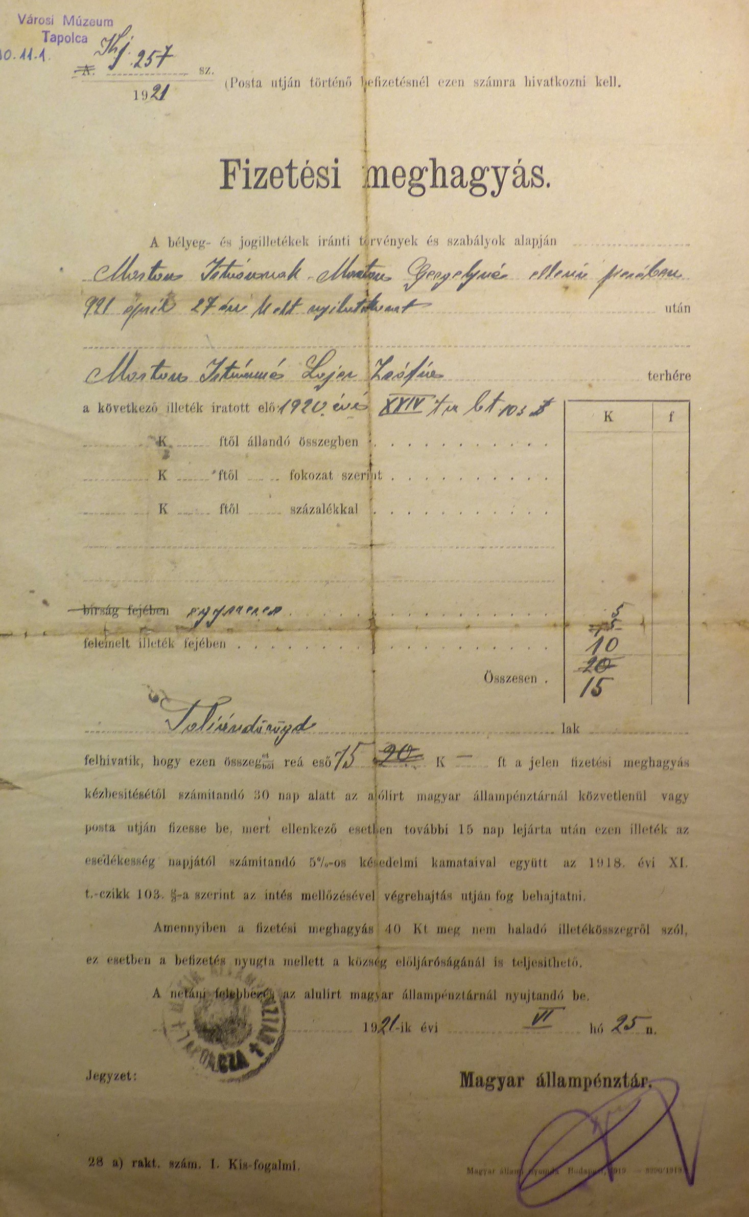 Fizetési meghagyás 1921 (Tapolcai Városi Múzeum CC BY-NC-SA)