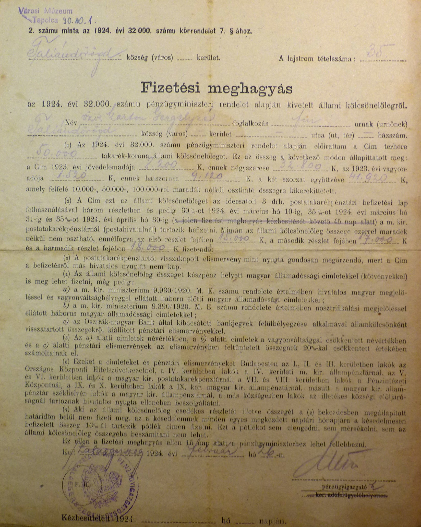 Fizetési meghagyás 1924 (Tapolcai Városi Múzeum CC BY-NC-SA)
