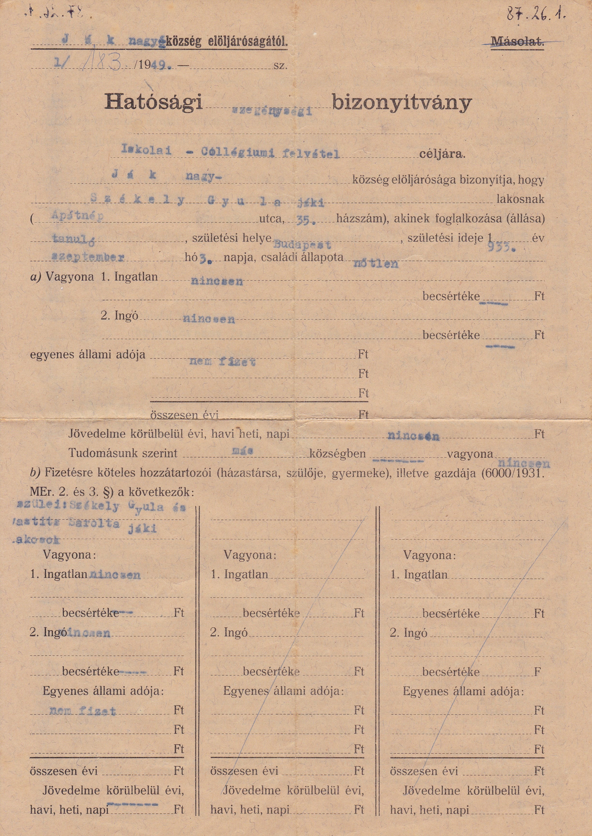 Hatósági szegénységi bizonyítvány (Tapolcai Városi Múzeum CC BY-NC-SA)