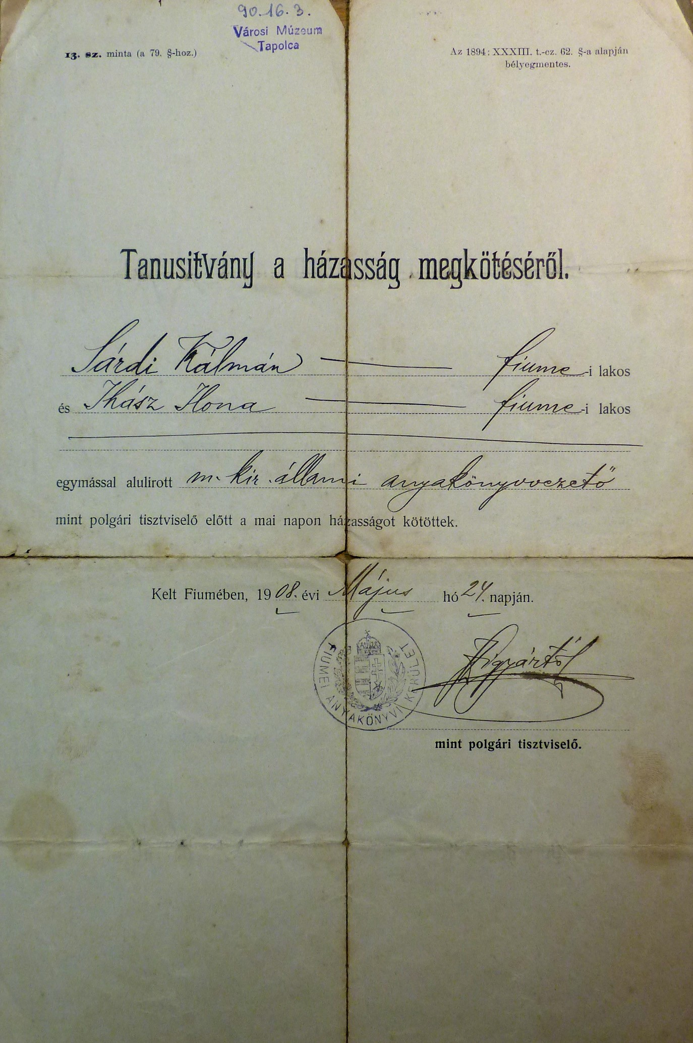 Házasságkötési tanúsítvány 1908 (Tapolcai Városi Múzeum CC BY-NC-SA)