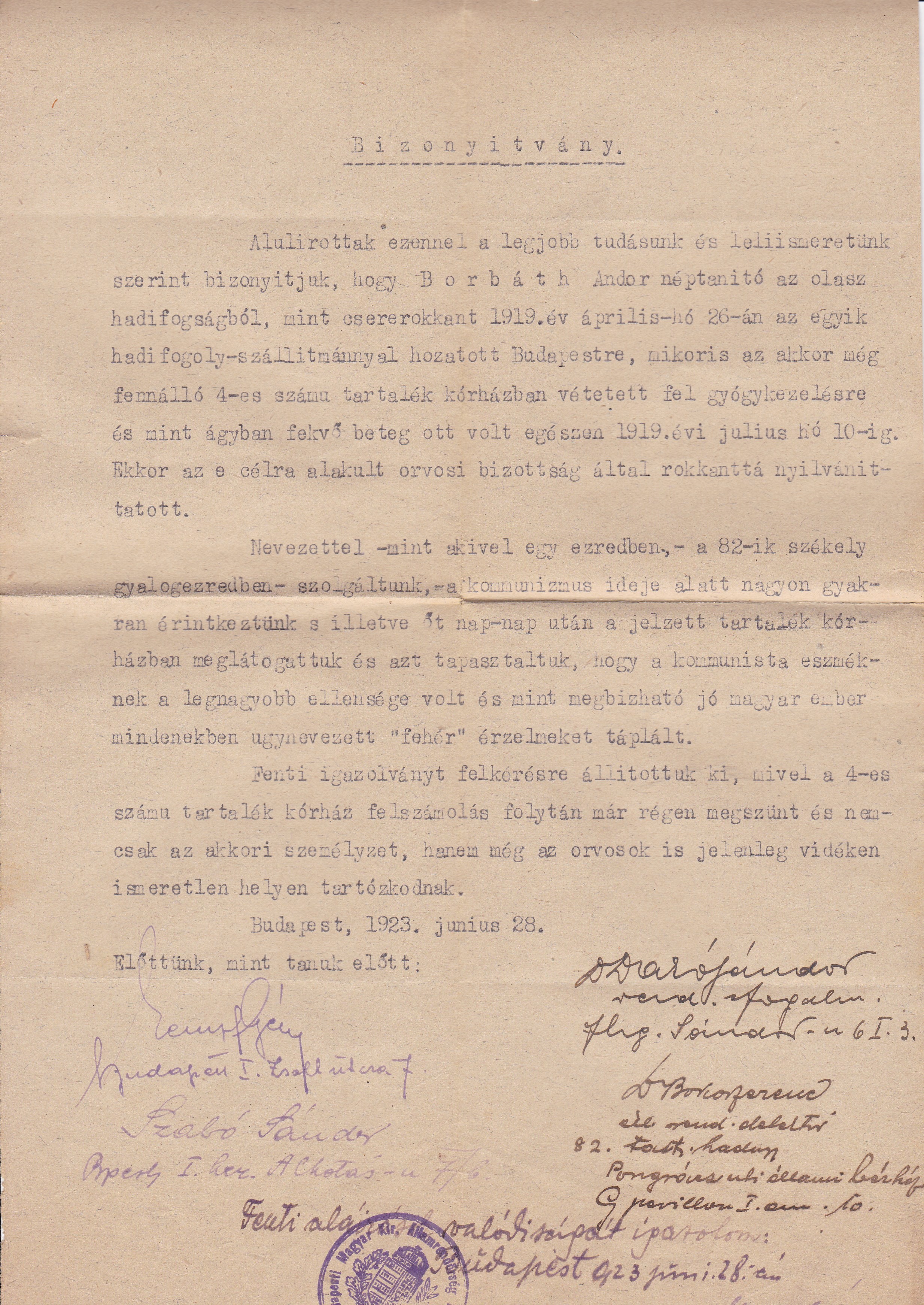 Igazolás 1919-es politikai magatartásról (Tapolcai Városi Múzeum CC BY-NC-SA)