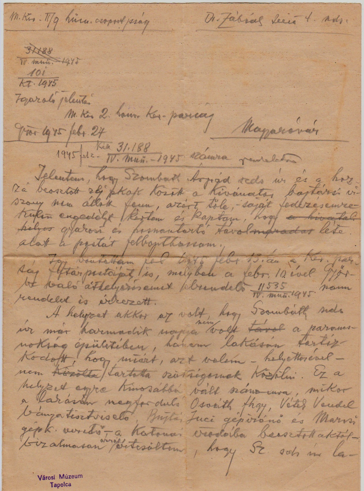 Igazoló jelentés 1945 (Tapolcai Városi Múzeum CC BY-NC-SA)
