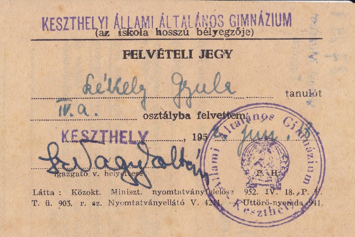 Iskolai felvételi jegy (Tapolcai Városi Múzeum CC BY-NC-SA)