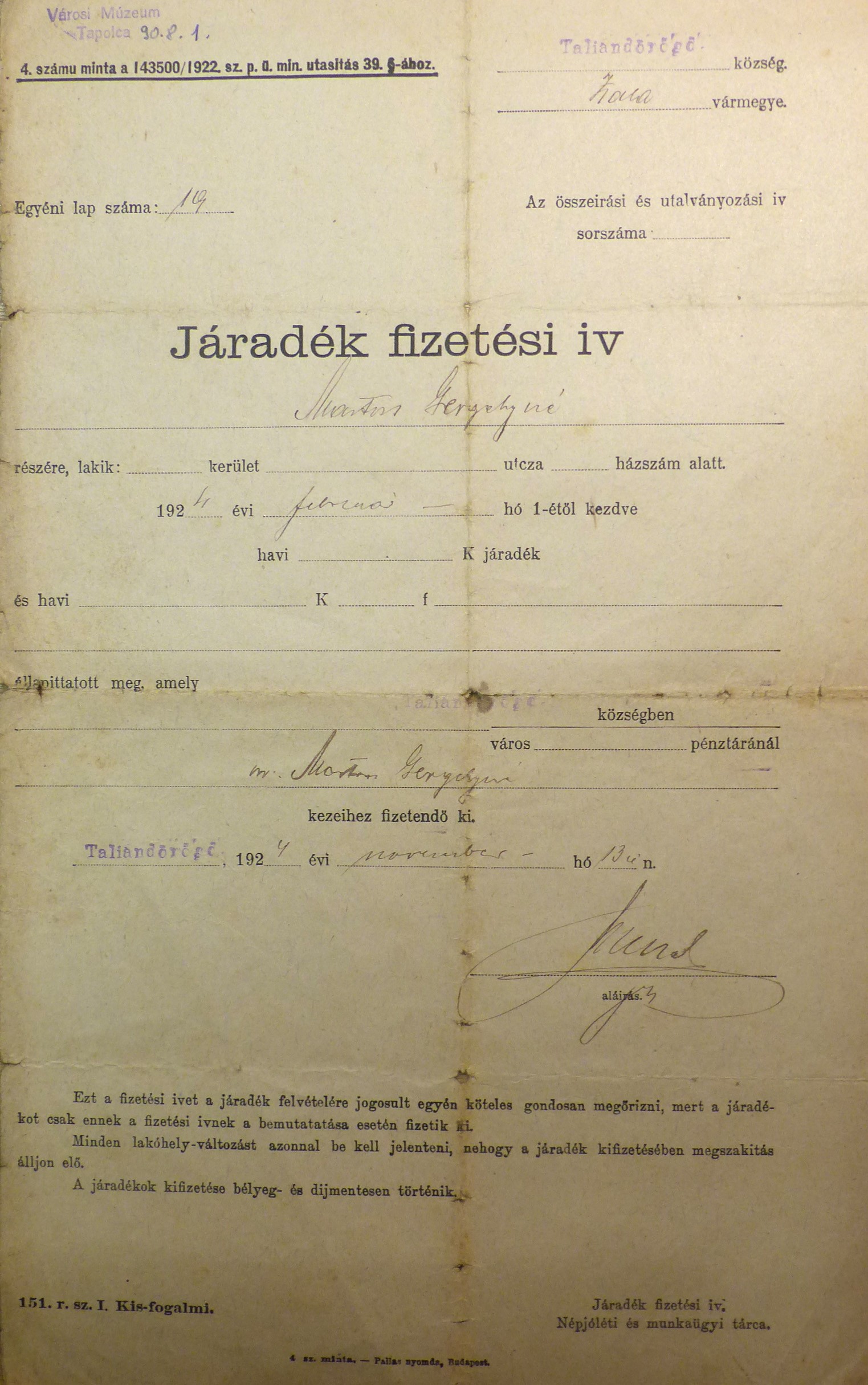 Járadékfizetési ív (Tapolcai Városi Múzeum CC BY-NC-SA)