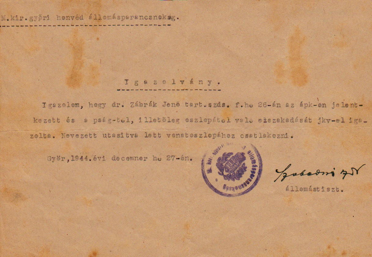 Katonai hatóság igazolása 1944 (Tapolcai Városi Múzeum CC BY-NC-SA)