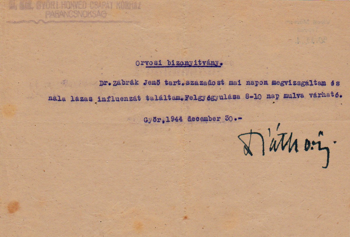 Katonai kórházi orvosi bizonyítvány 1944 (Tapolcai Városi Múzeum CC BY-NC-SA)