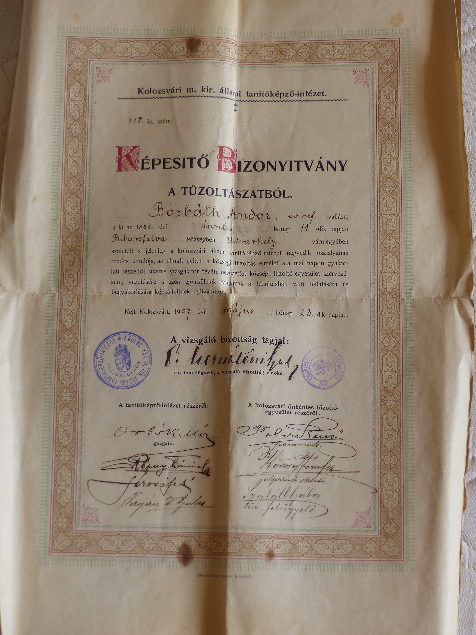 Képesítő bizonyítvány a tűzoltászatból (Tapolcai Városi Múzeum CC BY-NC-SA)