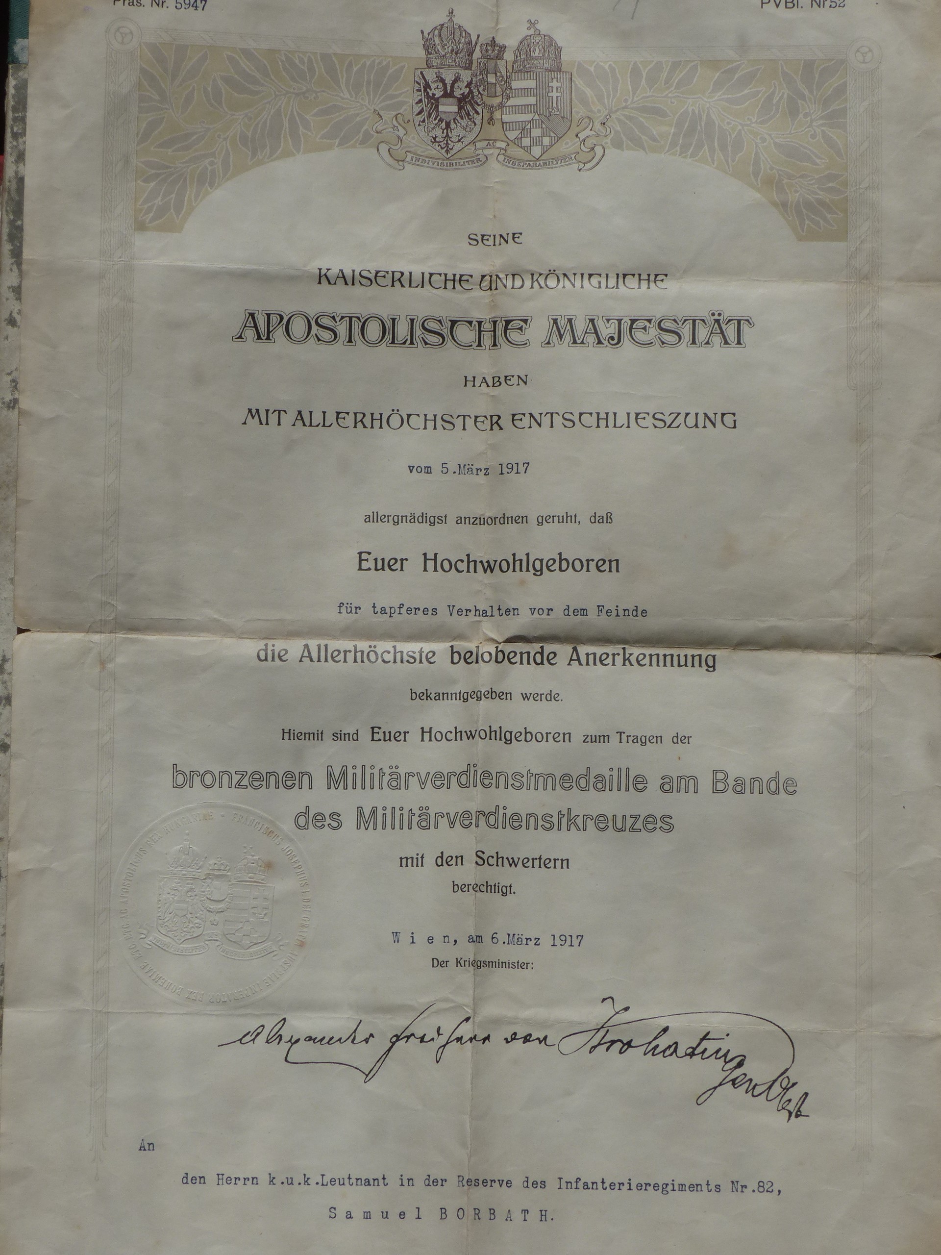 Kitüntetés adományozásának okirata Borbáth Sámuel részére (Tapolcai Városi Múzeum CC BY-NC-SA)