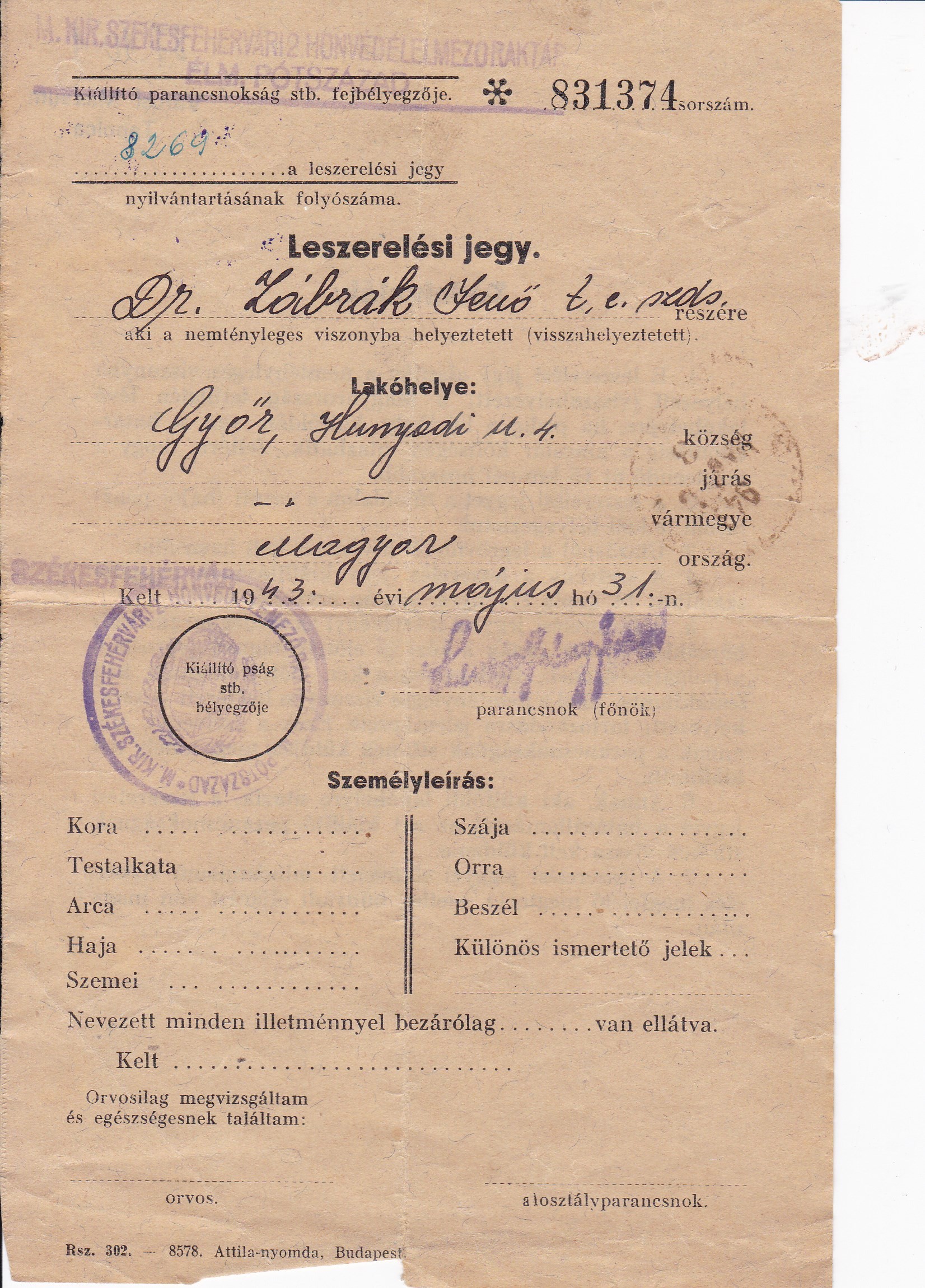 Leszerelési jegy 1943 (Tapolcai Városi Múzeum CC BY-NC-SA)