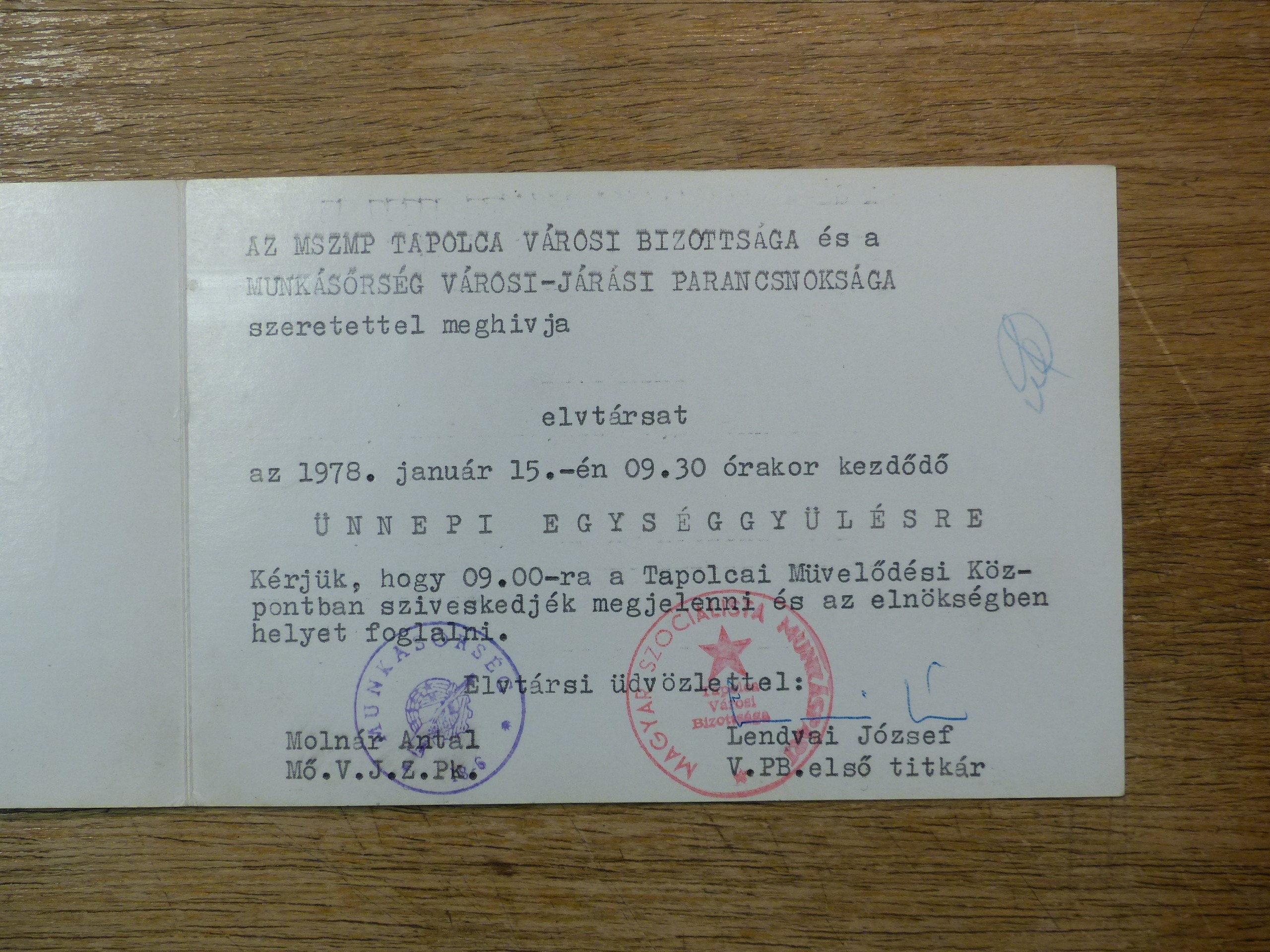 Munkásőrségi meghívó 1978 (Tapolcai Városi Múzeum CC BY-NC-SA)