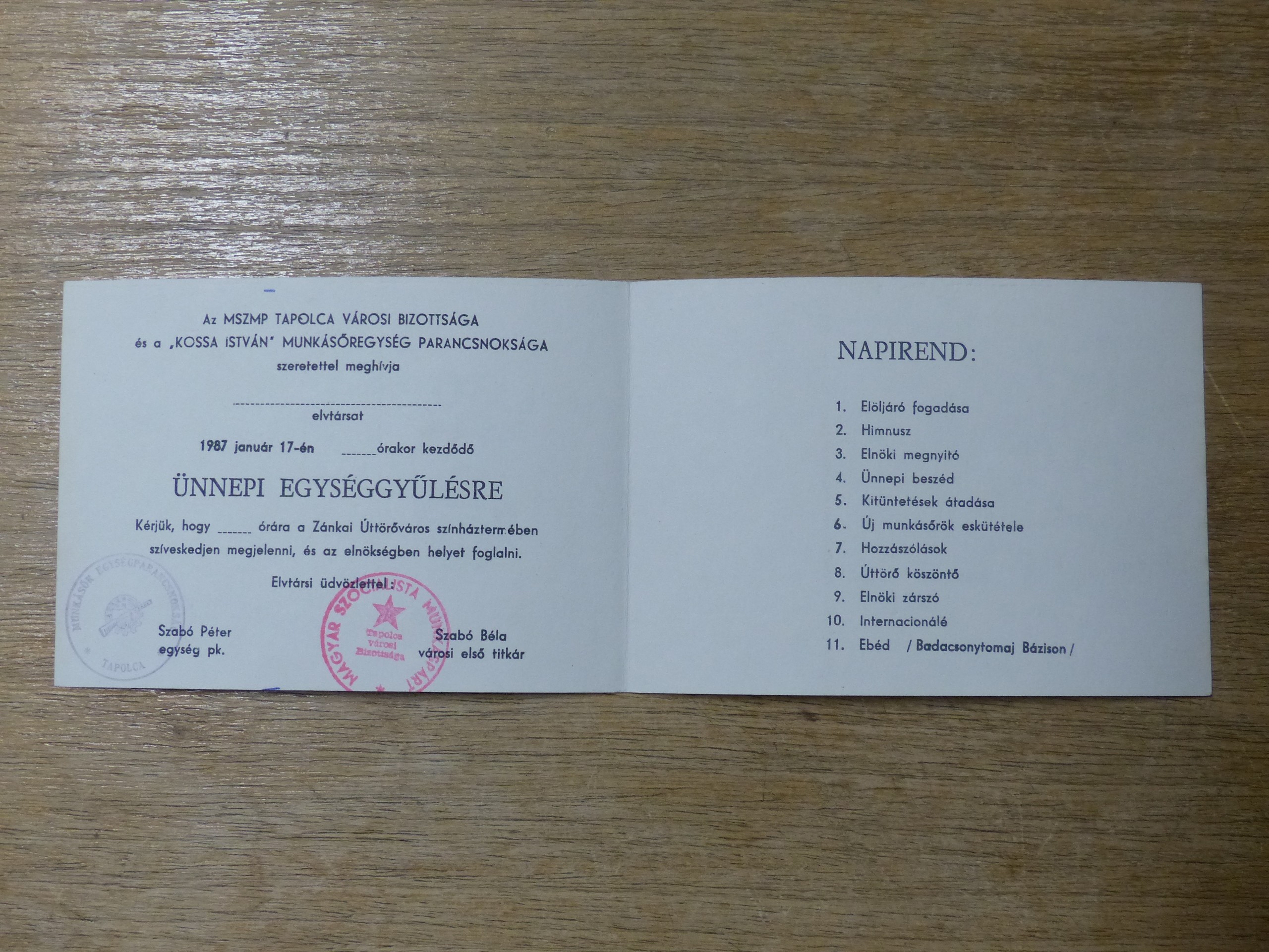 Munkásőrségi meghívó 1987 (Tapolcai Városi Múzeum CC BY-NC-SA)