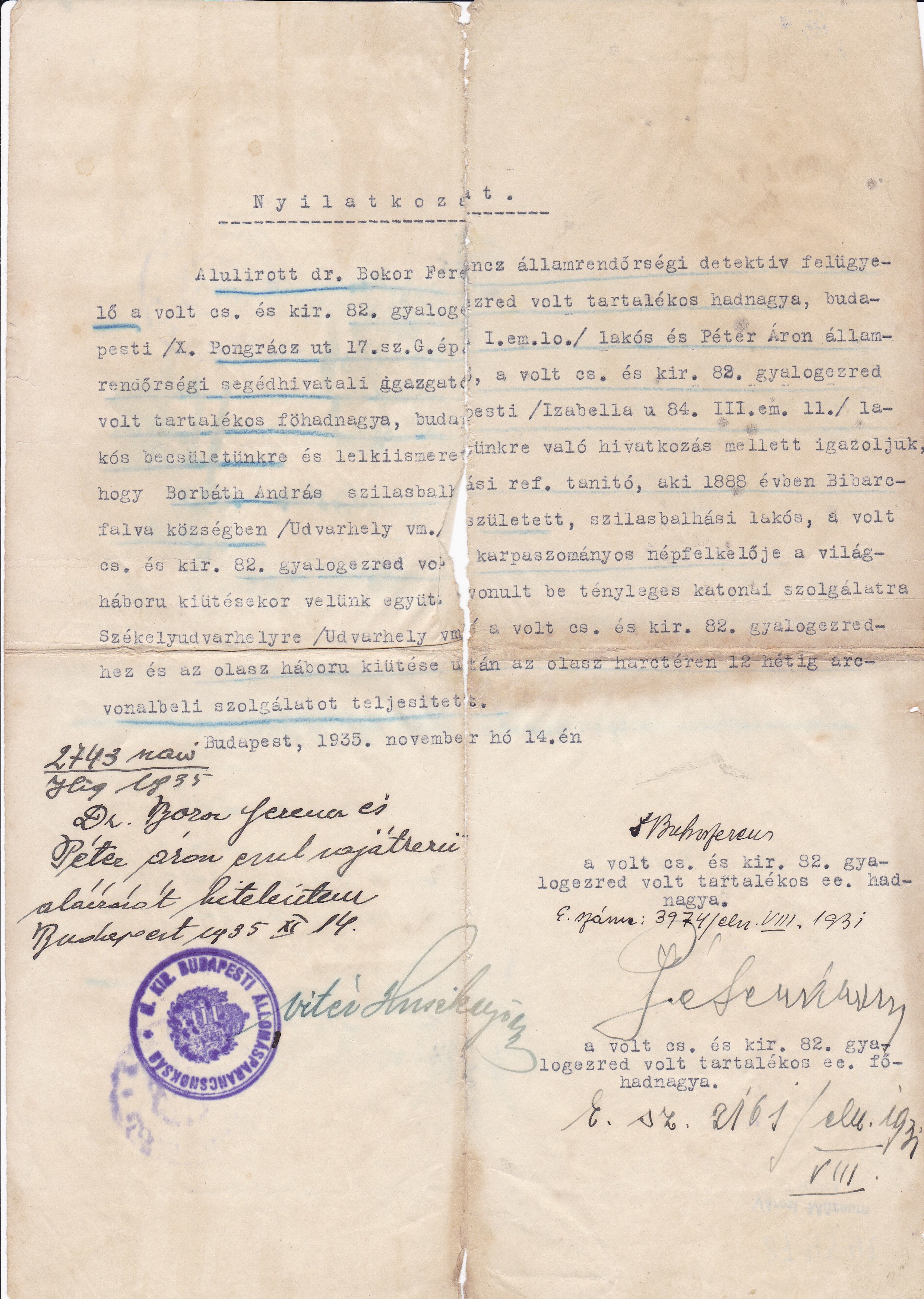 Nyilatkozat tényleges katonai szolgálatról (Tapolcai Városi Múzeum CC BY-NC-SA)