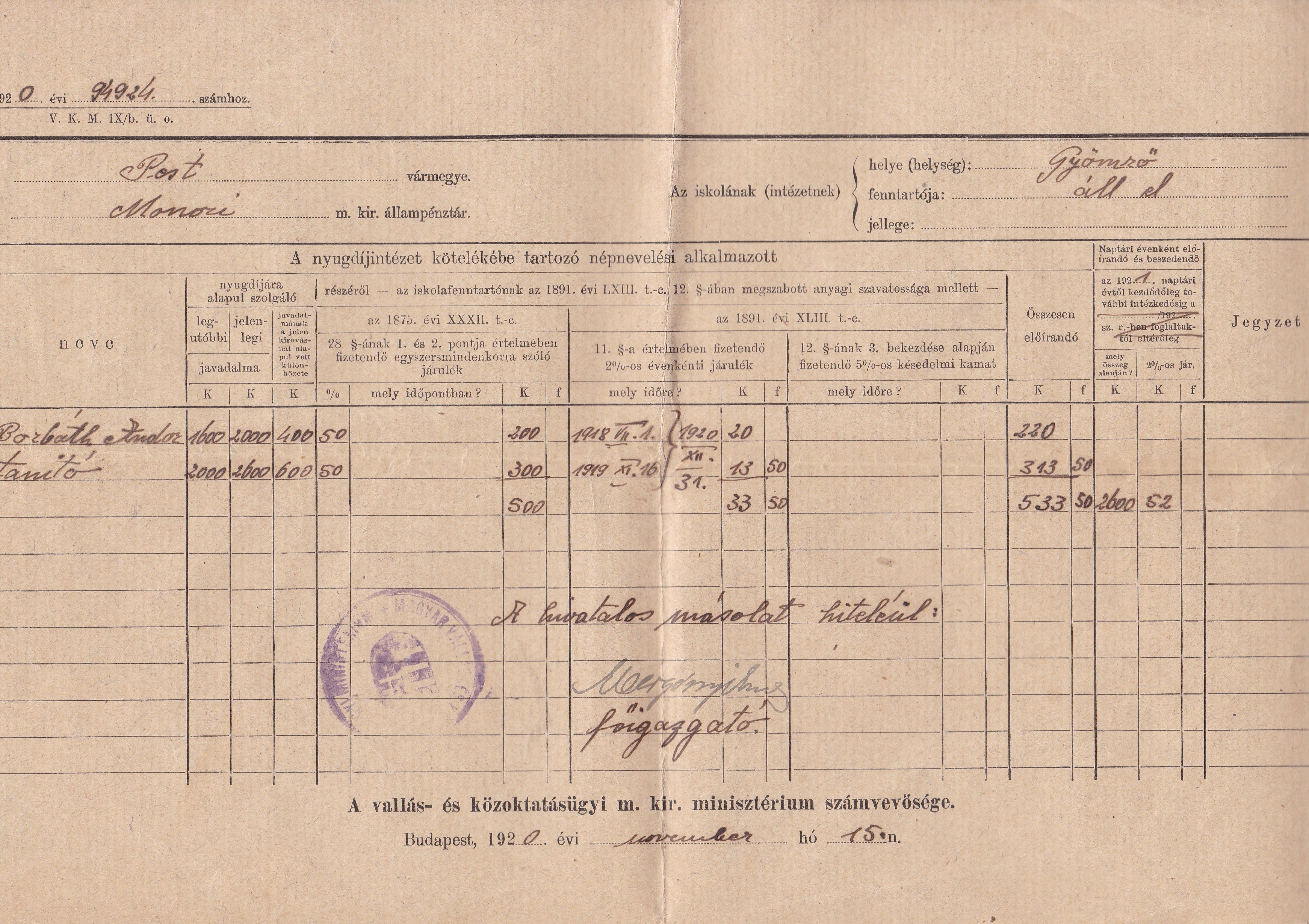 Nyugdíjalap megállapítására szolgáló okmány (Tapolcai Városi Múzeum CC BY-NC-SA)