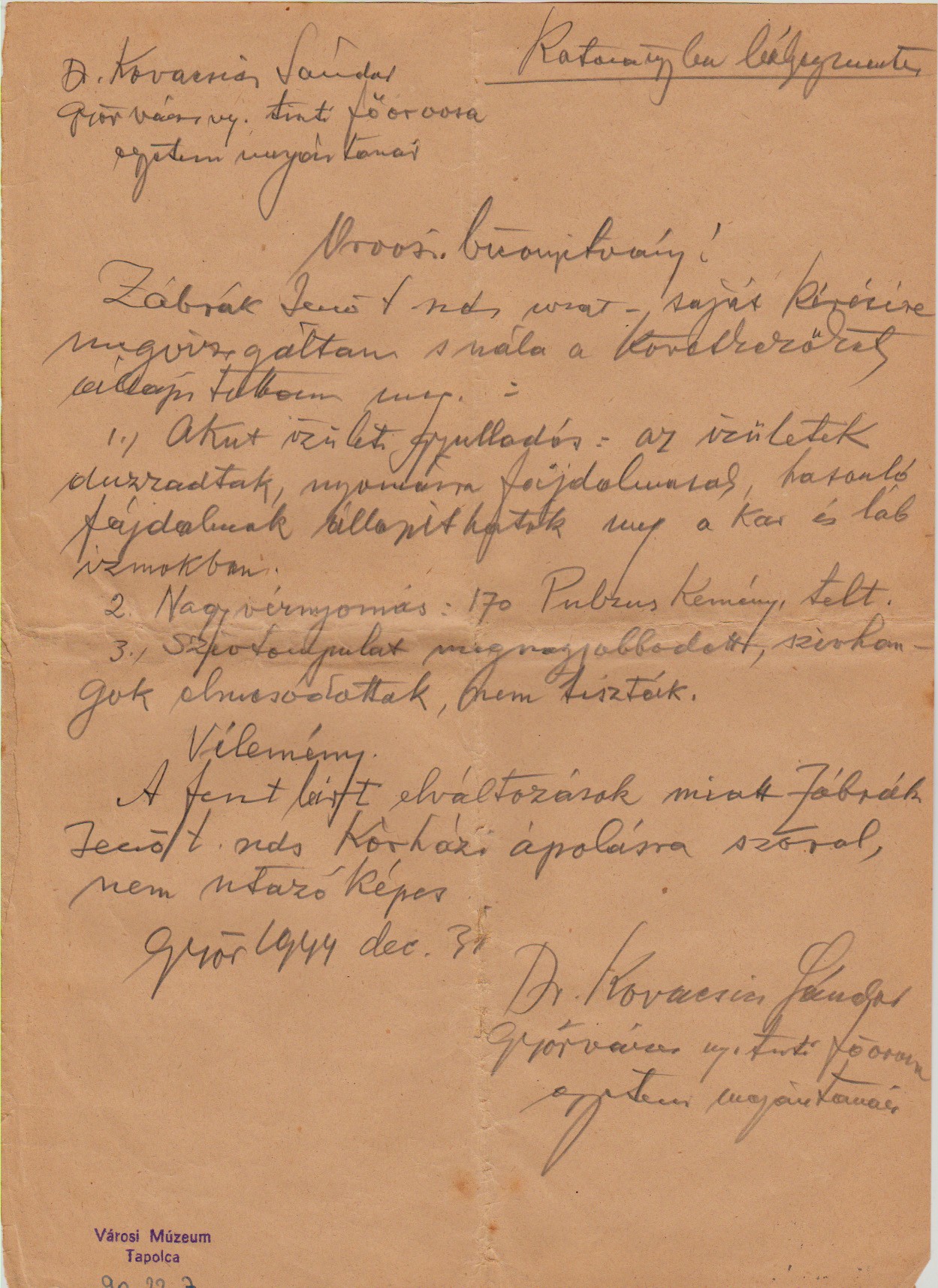 Orvosi bizonyítvány 1944 (Tapolcai Városi Múzeum CC BY-NC-SA)