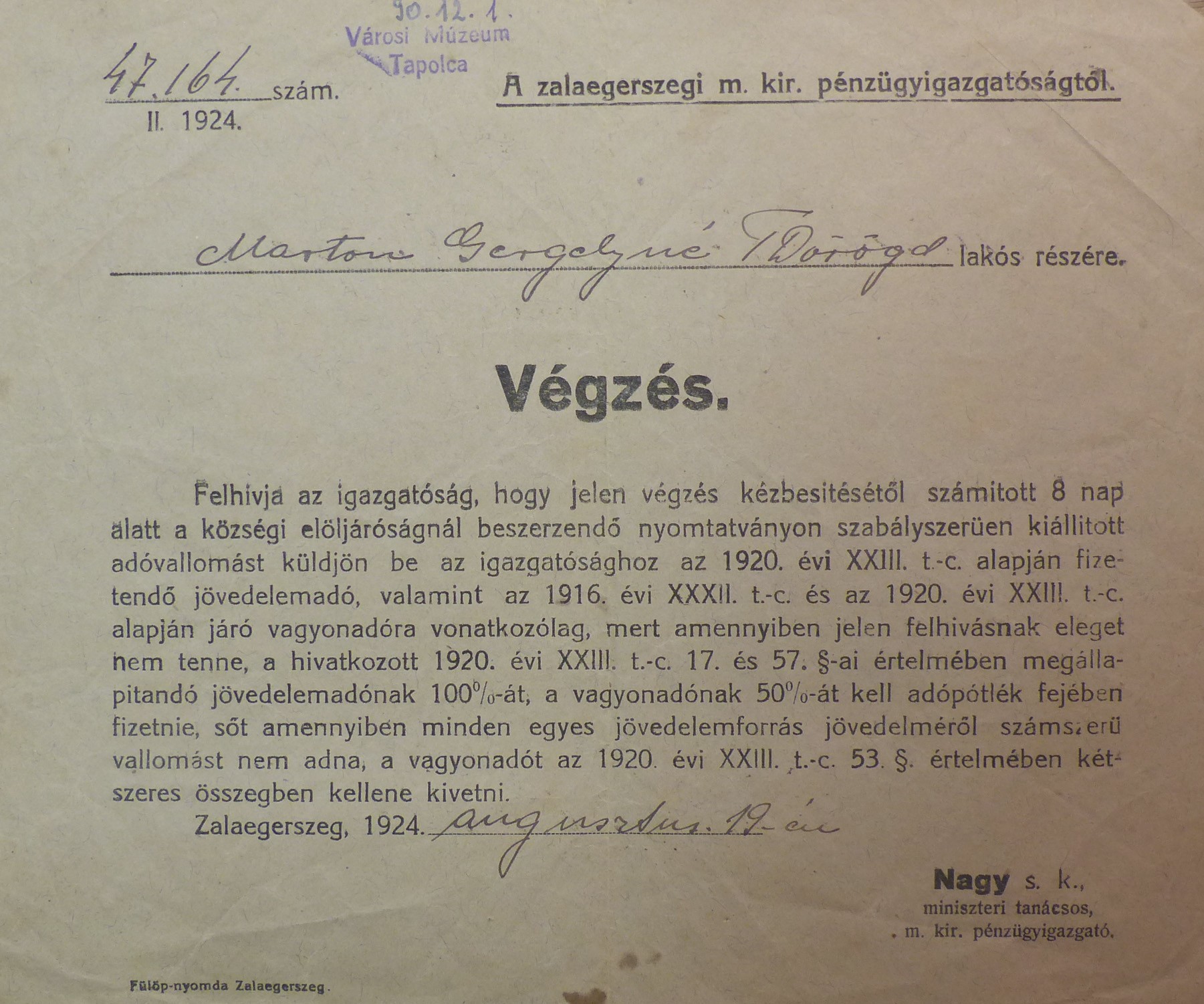 Pézügyigazgatósági végzés 1924 (Tapolcai Városi Múzeum CC BY-NC-SA)