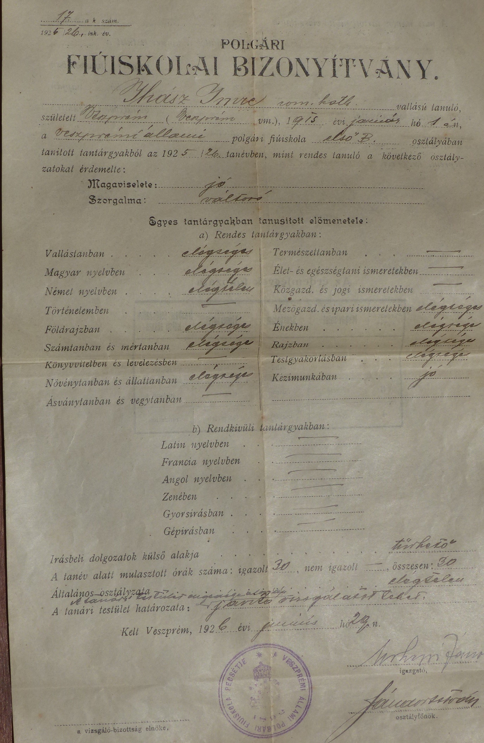 Polgári fiúiskolai bizonyítvány Ihász Imre részére (Tapolcai Városi Múzeum CC BY-NC-SA)