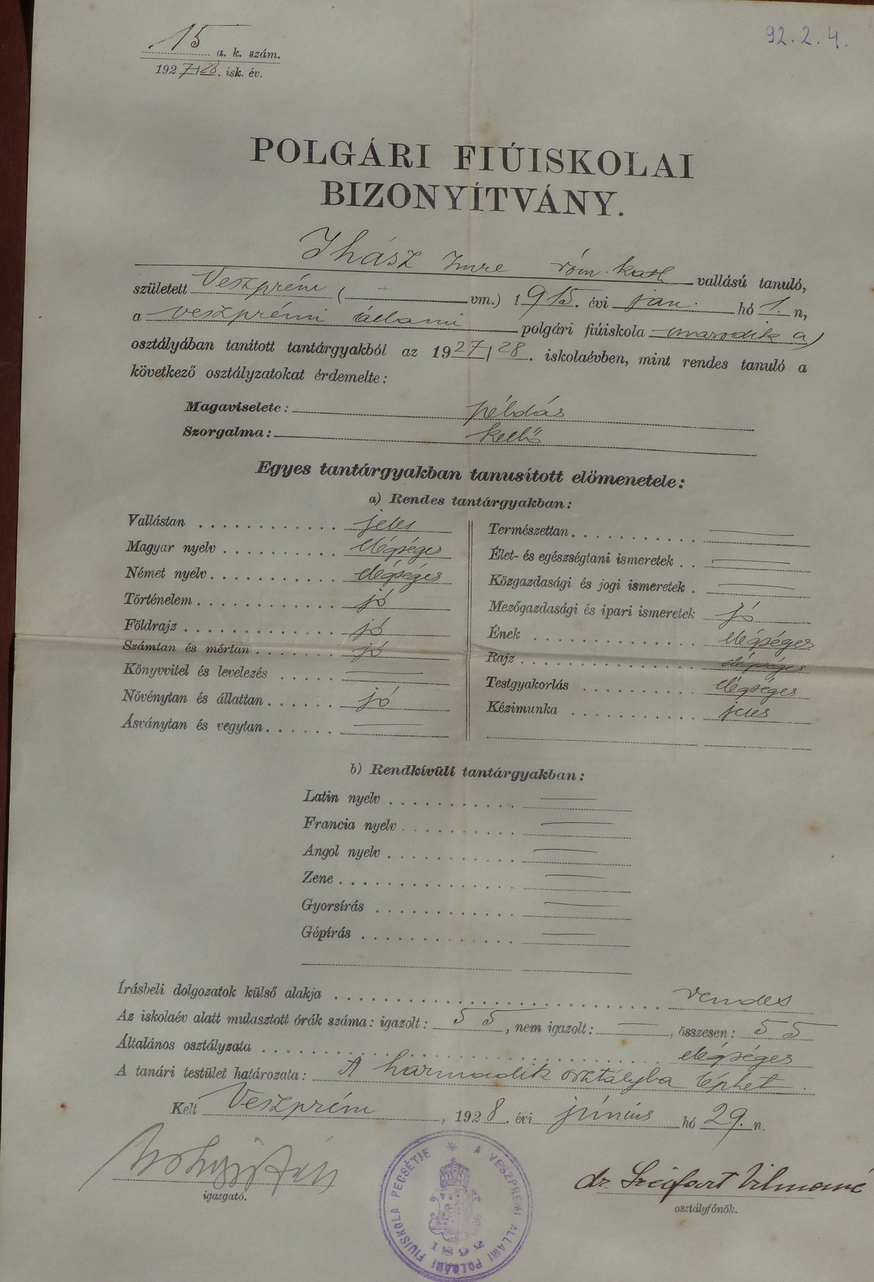 Polgári fiúiskolai bizonyítvány Ihász Imre részére (Tapolcai Városi Múzeum CC BY-NC-SA)