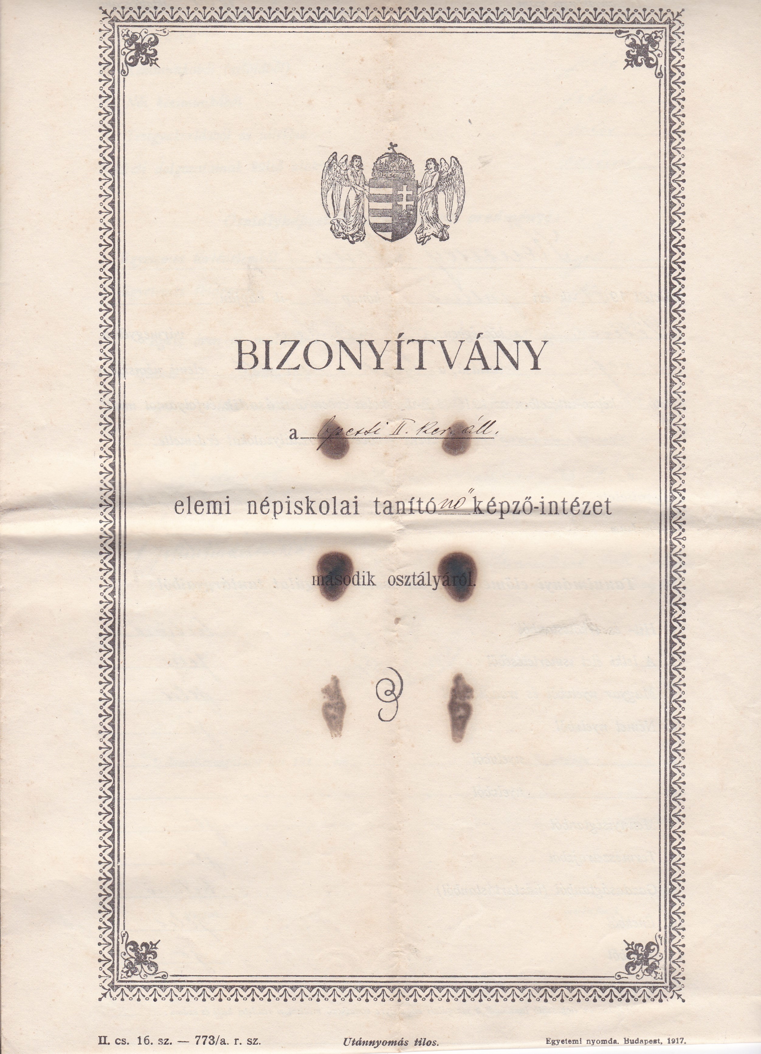 Tanítónőképző-intézet második osztályos bizonyítványa (Tapolcai Városi Múzeum CC BY-NC-SA)