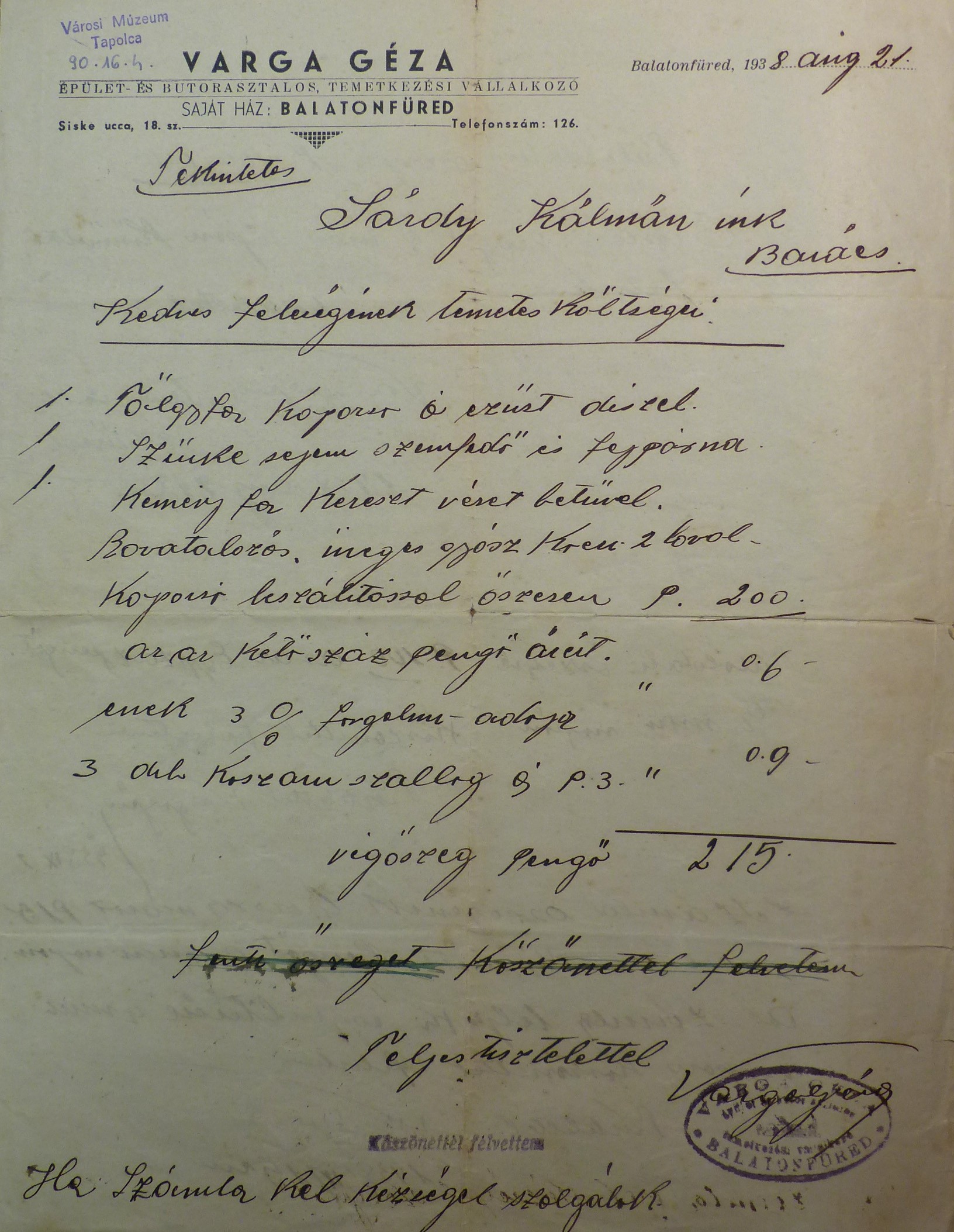 Temetési költségek kimutatása1938 (Tapolcai Városi Múzeum CC BY-NC-SA)