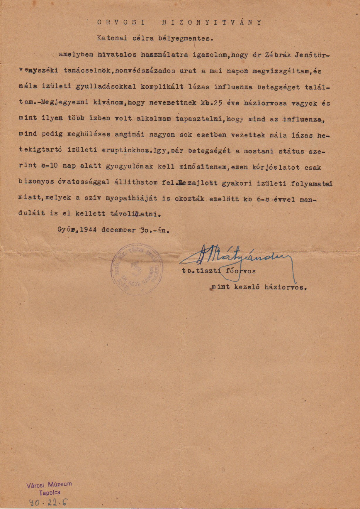 Tisztifőorvosi bizonyítvány 1944 (Tapolcai Városi Múzeum CC BY-NC-SA)