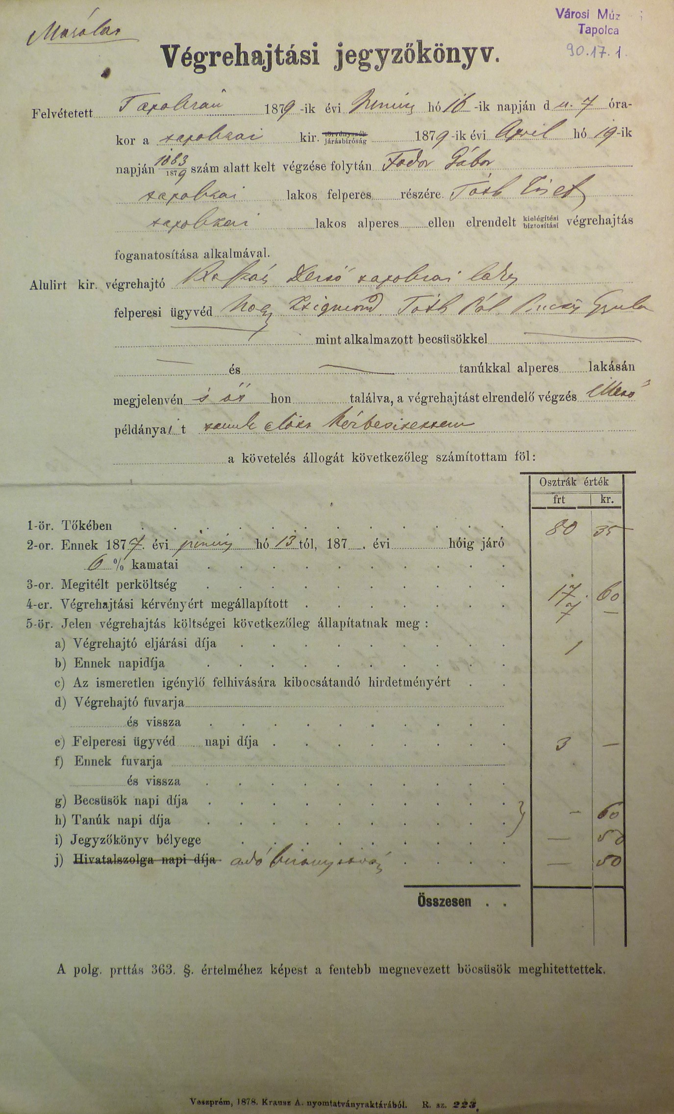 Végrehajtási jegyzőkönyv 1879 (Tapolcai Városi Múzeum CC BY-NC-SA)