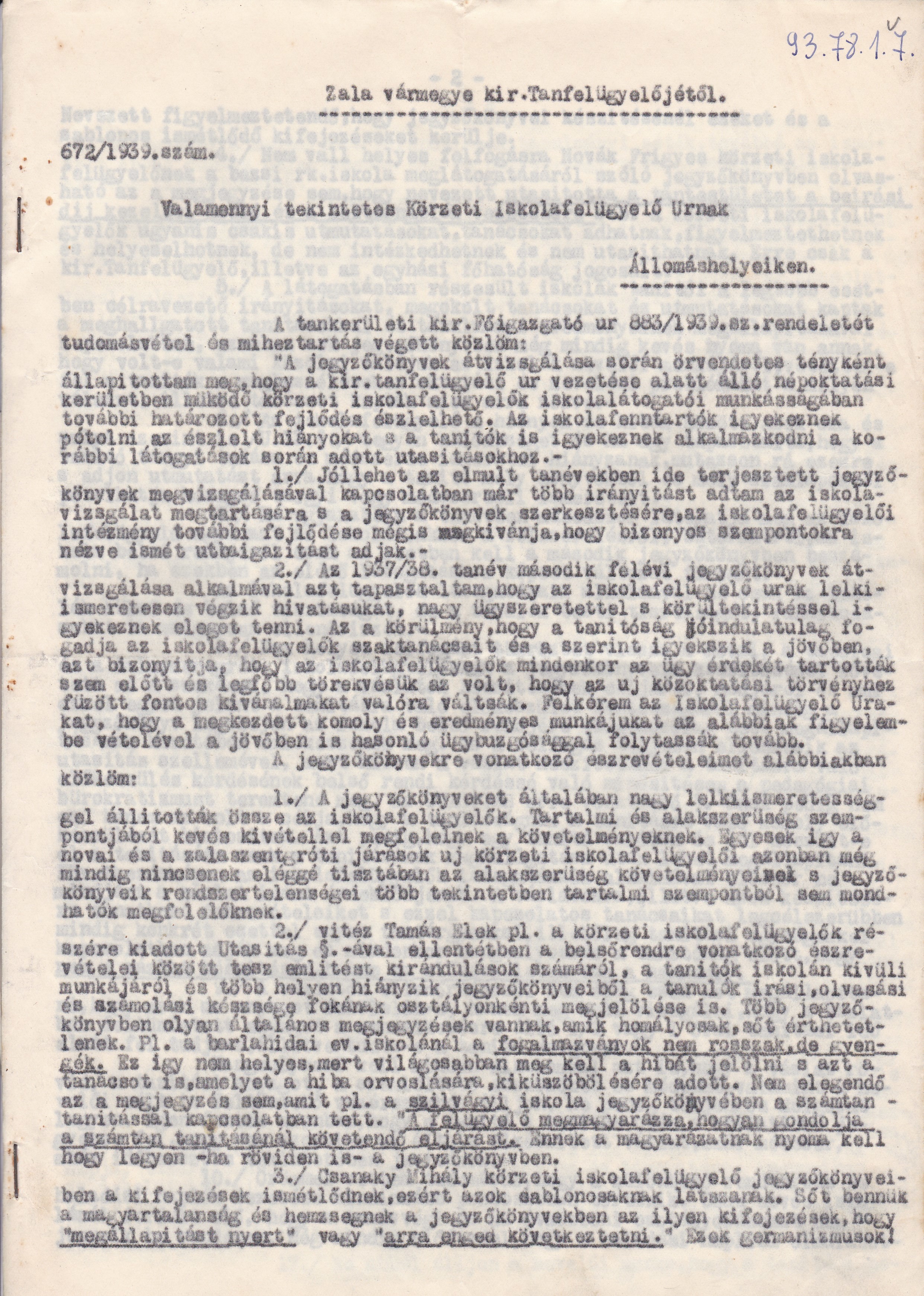 Zala vármegye kir. tanfelügyelőjének levele a körzeti iskolafelügyelőkhöz (Tapolcai Városi Múzeum CC BY-NC-SA)