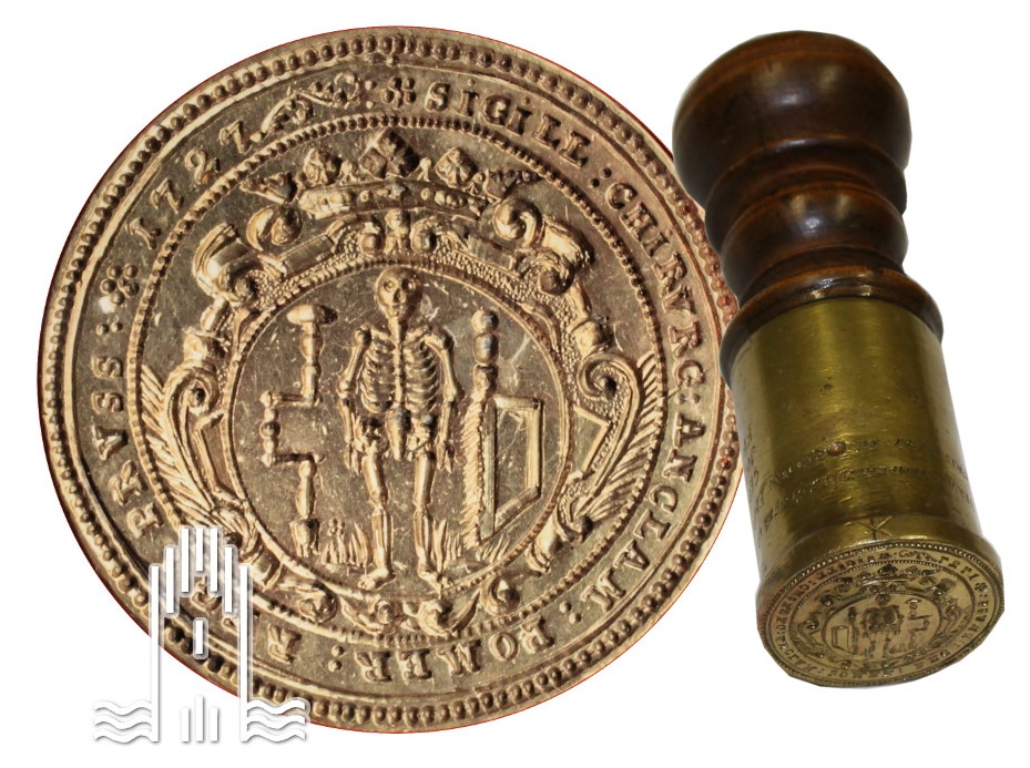Siegelstempel der Anklamer Chirurgen, Messing, 1727, Länge: 12 cm (Museum im Steintor CC BY-SA)