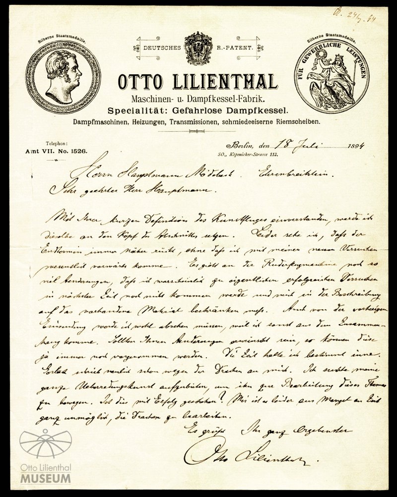 Autograph: Brief Otto Lilienthals an Moedebeck (Otto-Lilienthal-Museum CC BY-NC-SA)