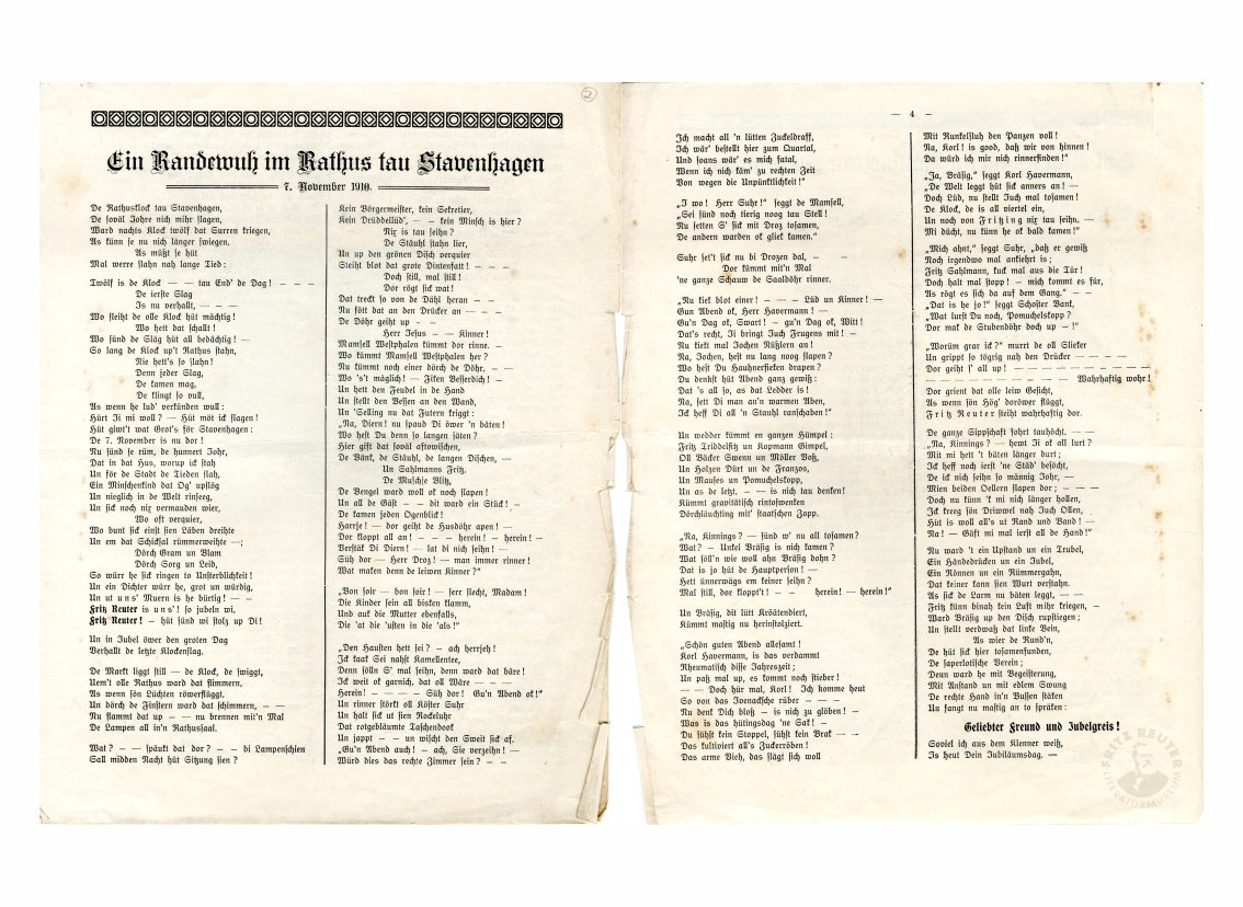Festausgabe des „Mecklenburgischen Wochenblatts“ (Fritz-Reuter-Literaturmuseum CC BY-NC-SA)